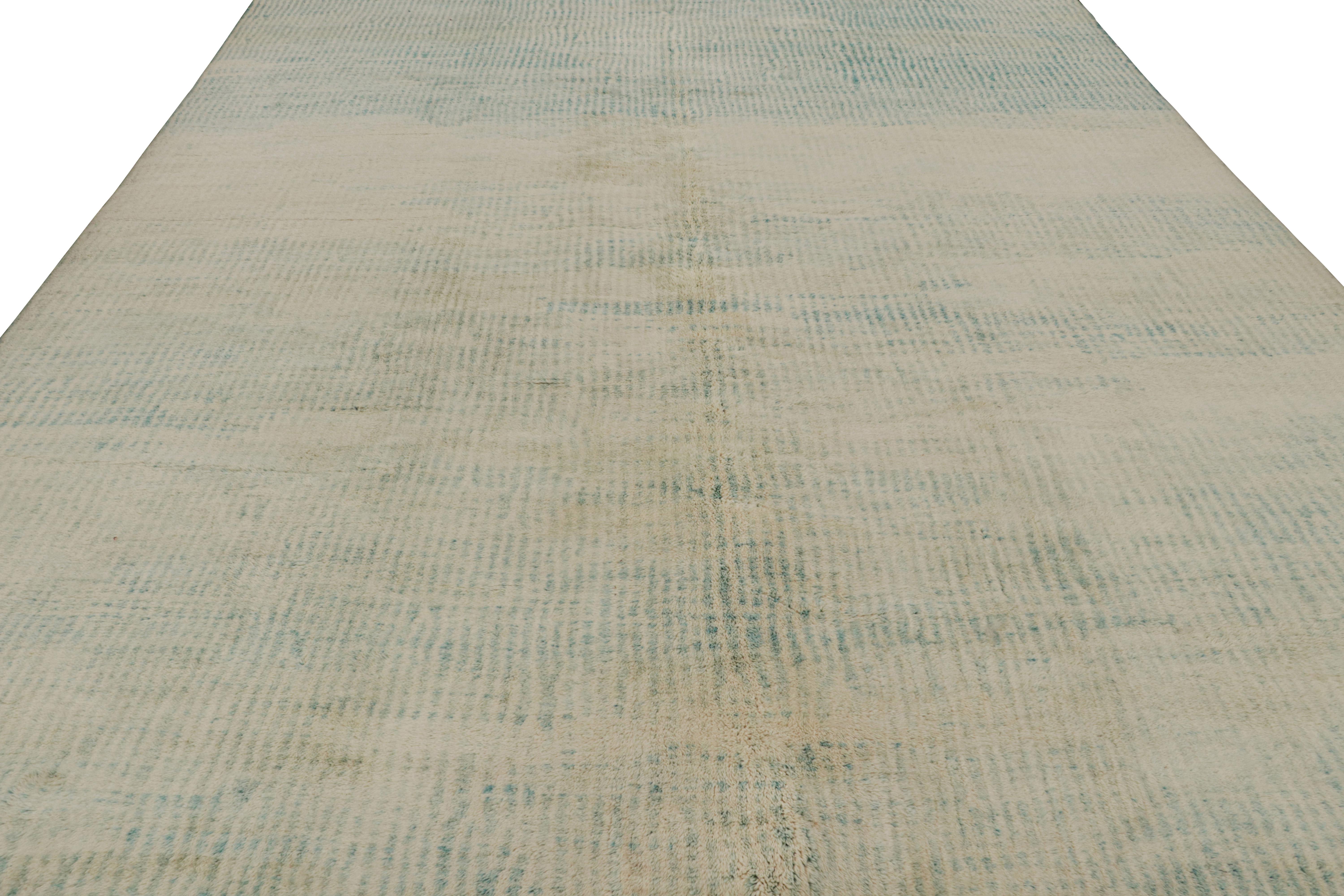 Modern Rug & Kilim’s Moroccan Rug with Beige and Light Blue Stripes in Lush Pile For Sale