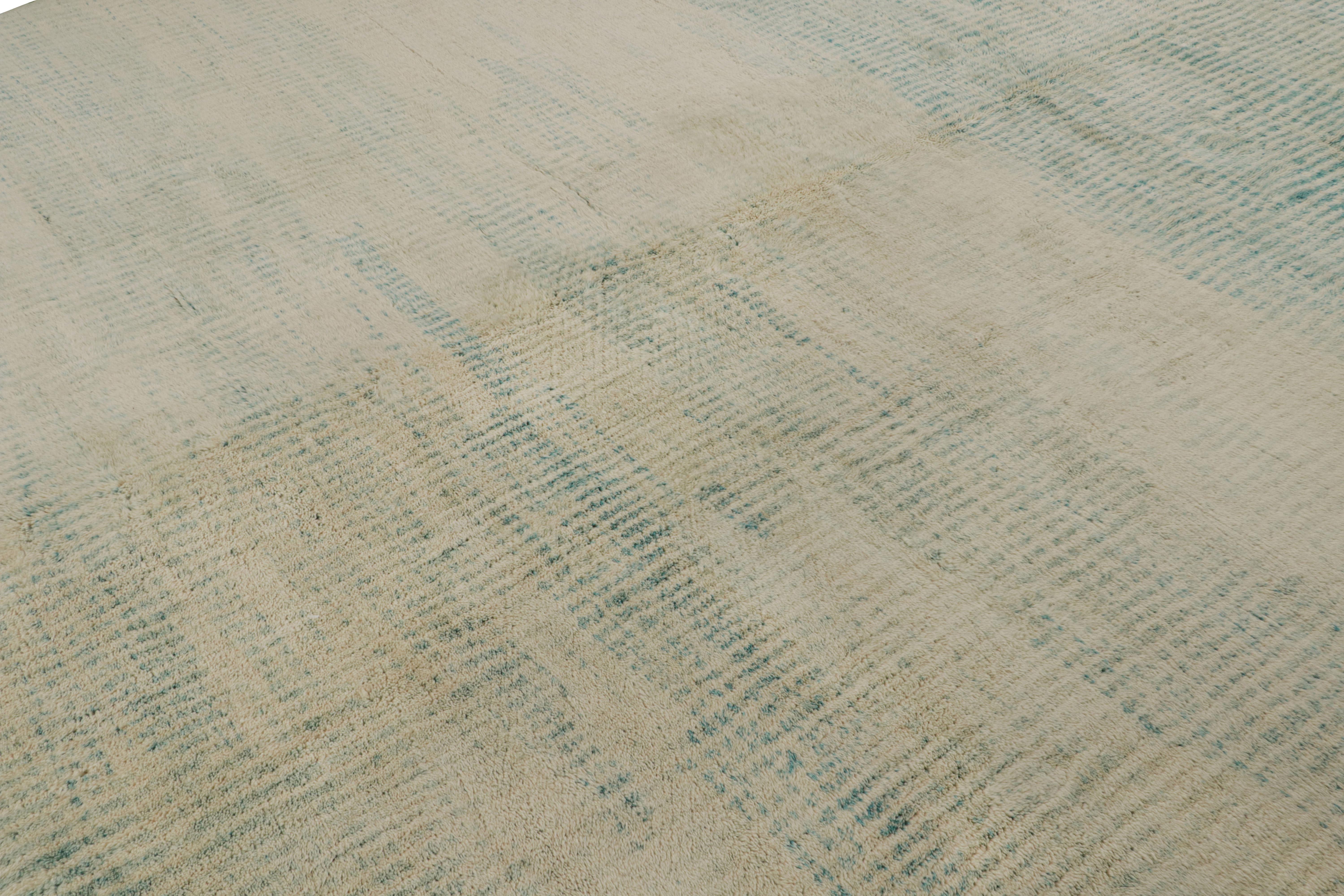 Hand-Knotted Rug & Kilim’s Moroccan Rug with Beige and Light Blue Stripes in Lush Pile For Sale