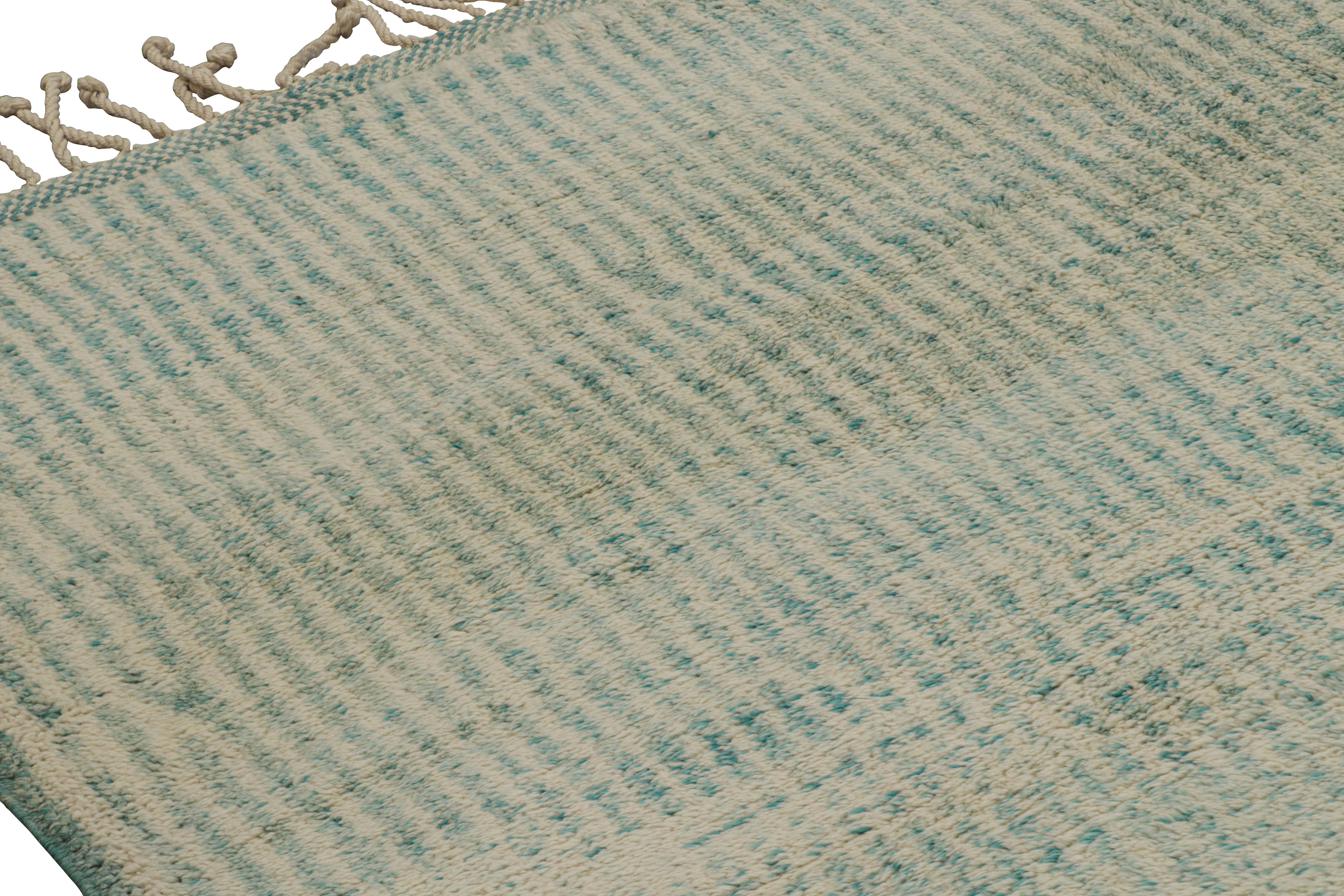 Rug & Kilim’s Moroccan Rug with Beige and Light Blue Stripes in Lush Pile In New Condition For Sale In Long Island City, NY