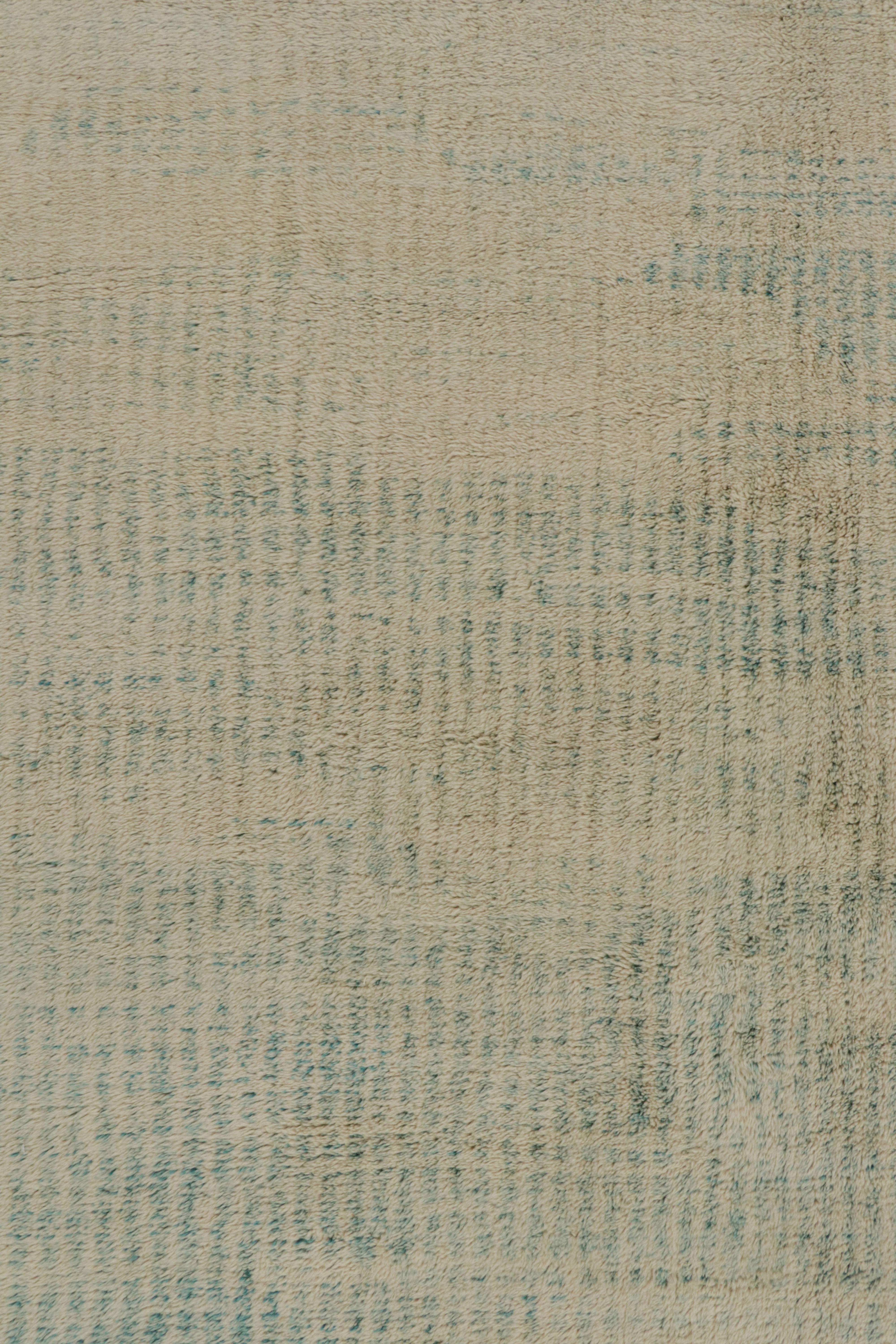 Contemporary Rug & Kilim’s Moroccan Rug with Beige and Light Blue Stripes in Lush Pile For Sale