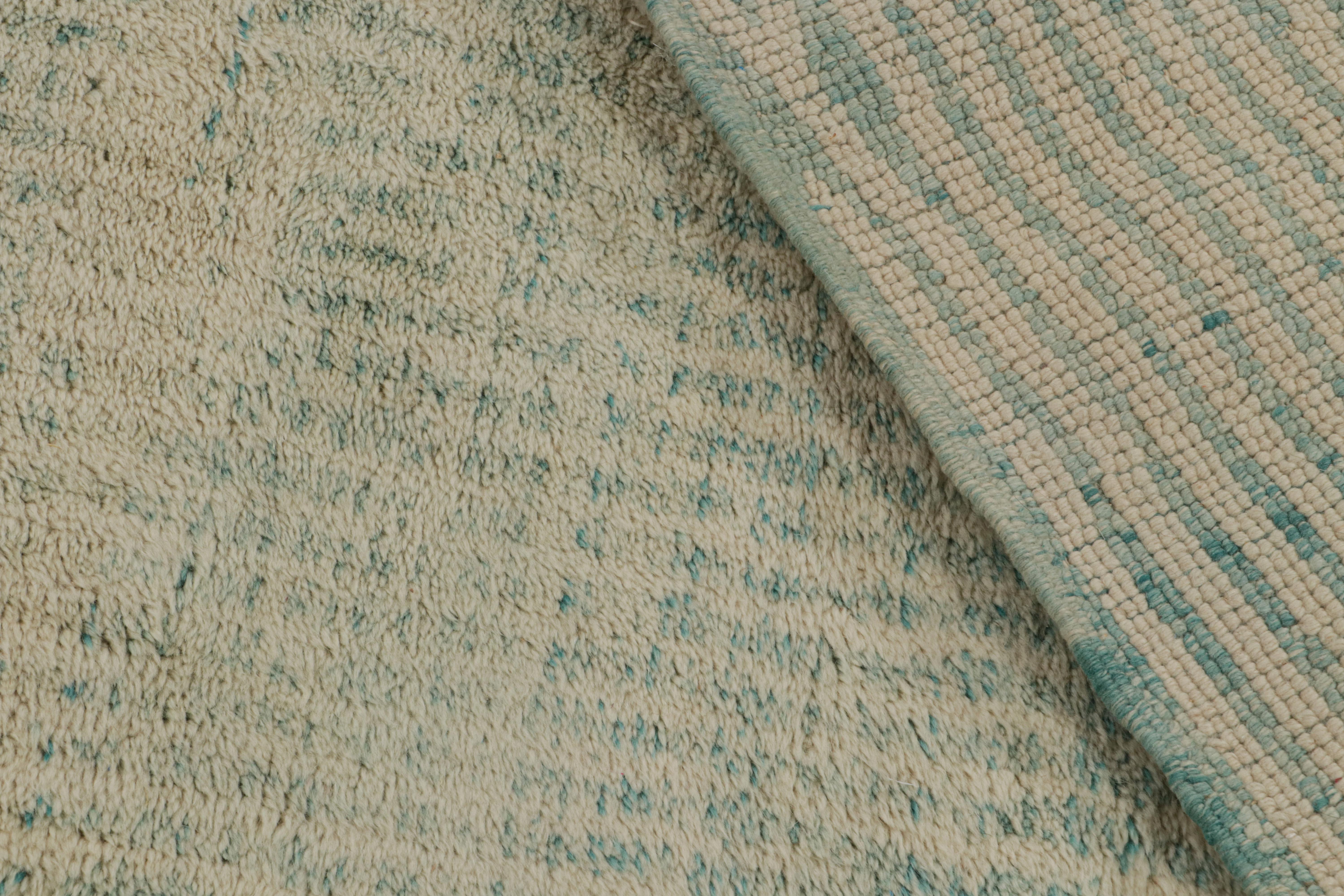 Wool Rug & Kilim’s Moroccan Rug with Beige and Light Blue Stripes in Lush Pile For Sale