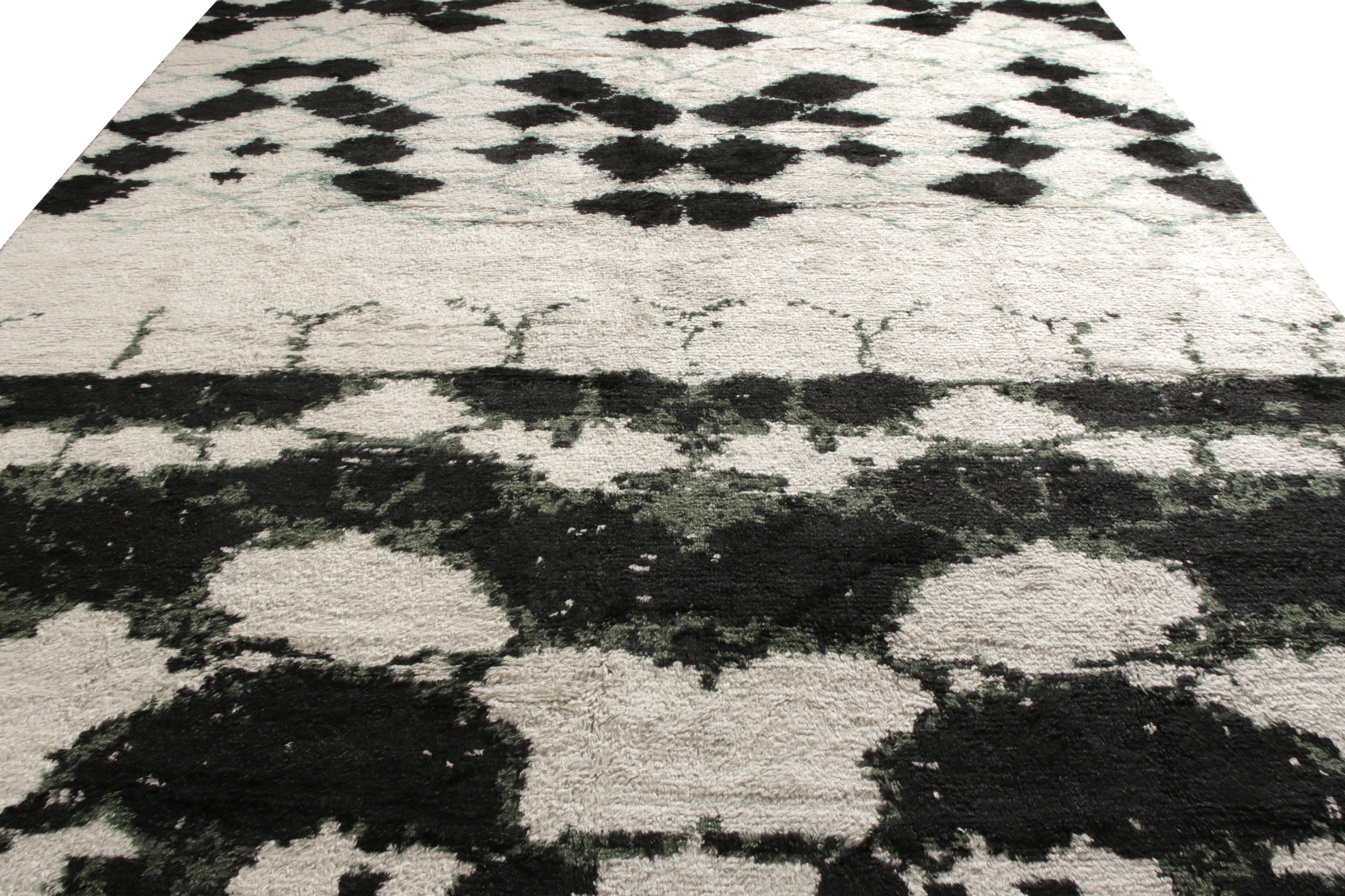 Tribal Rug & Kilim’s Moroccan Style Custom Rug in Black, White, Green Geometric Pattern For Sale