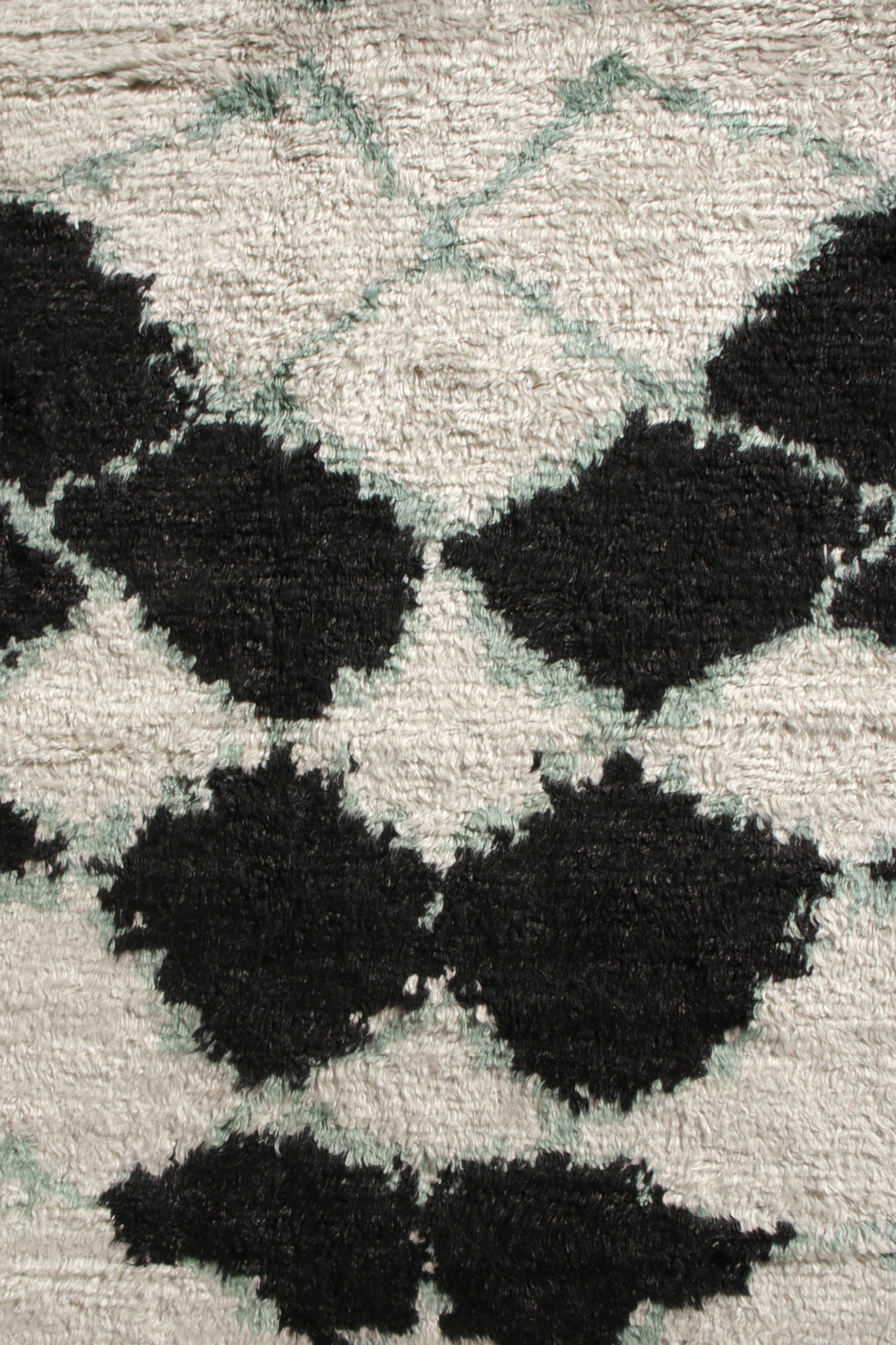 Hand-Knotted Rug & Kilim’s Moroccan Style Custom Rug in Black, White, Green Geometric Pattern For Sale