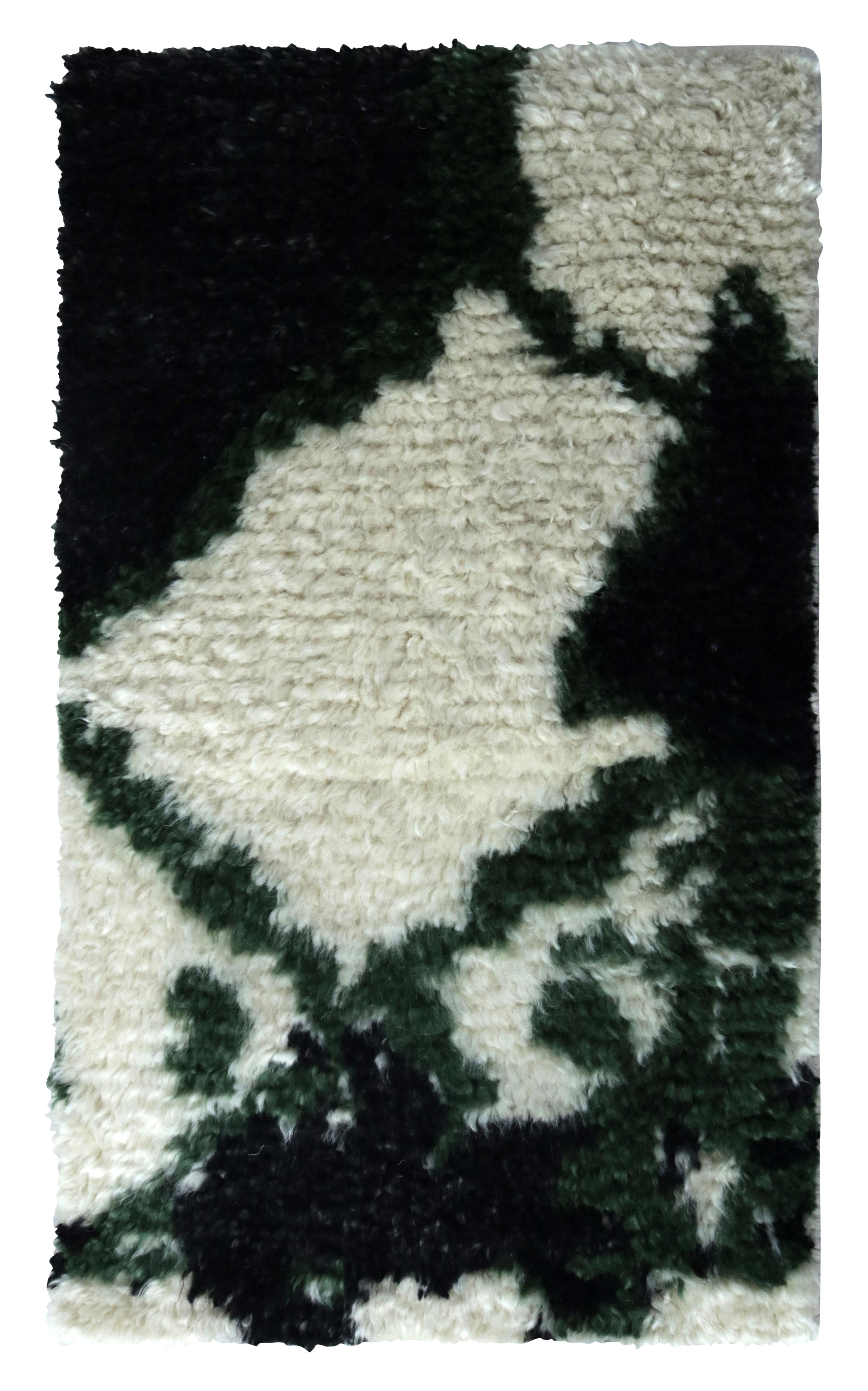 Indian Rug & Kilim’s Moroccan Style Custom Rug Sample in White, Black and Green For Sale