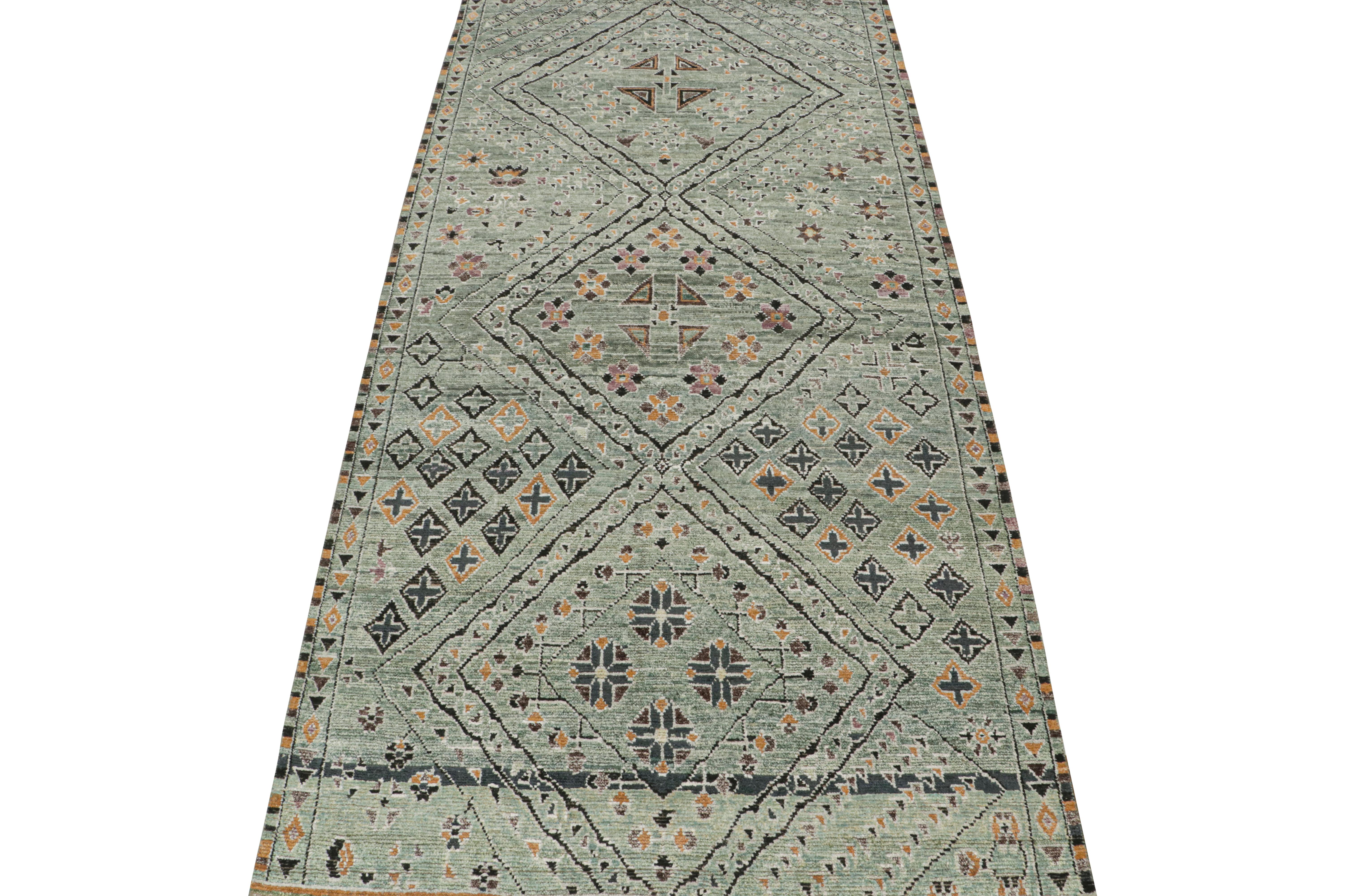 This 7x15 gallery runner is a new addition to Rug & Kilim’s Moroccan rug collection. Hand-knotted in wool and silk, its design recaptures the classic tribal sensibility in a new modern quality.

This particular design enjoys medallions and