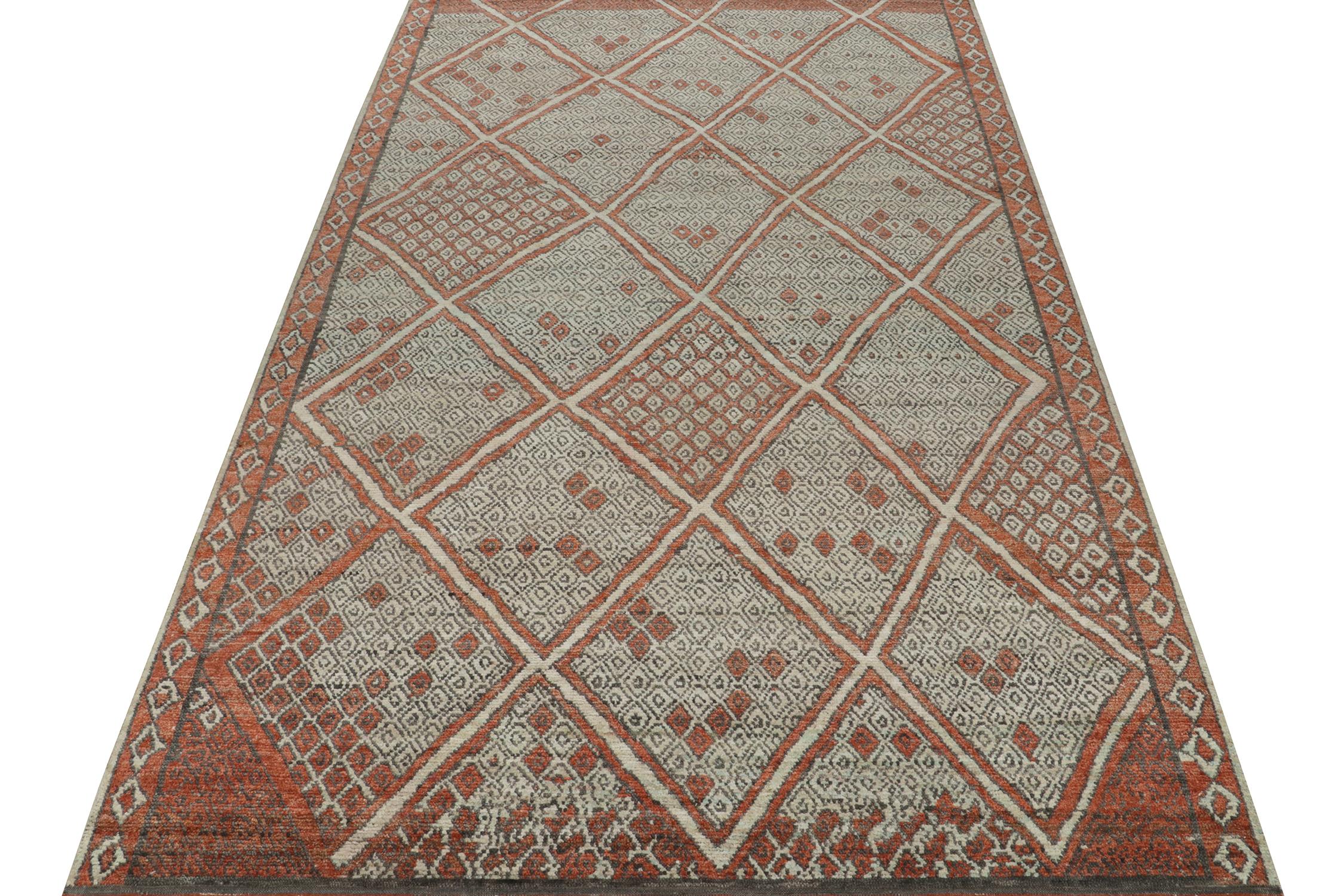 Tribal Rug & Kilim’s Moroccan Style Rug in Auburn Red and Gray Diamond Patterns For Sale