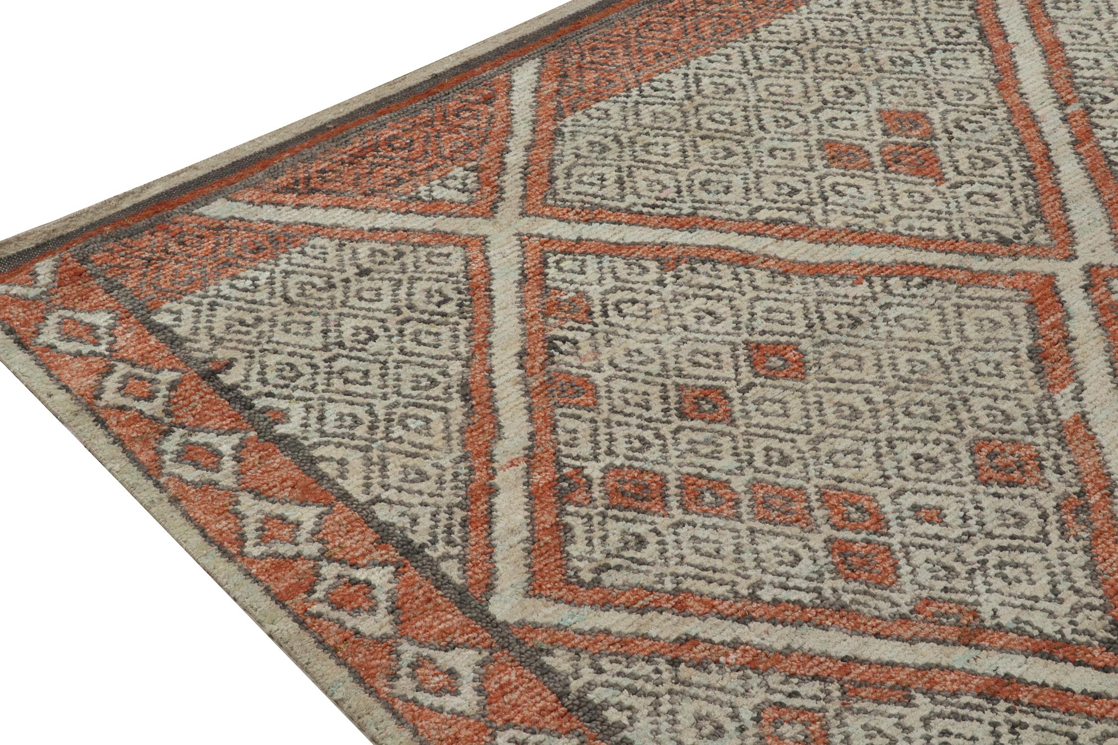 Hand-Knotted Rug & Kilim’s Moroccan Style Rug in Auburn Red and Gray Diamond Patterns For Sale