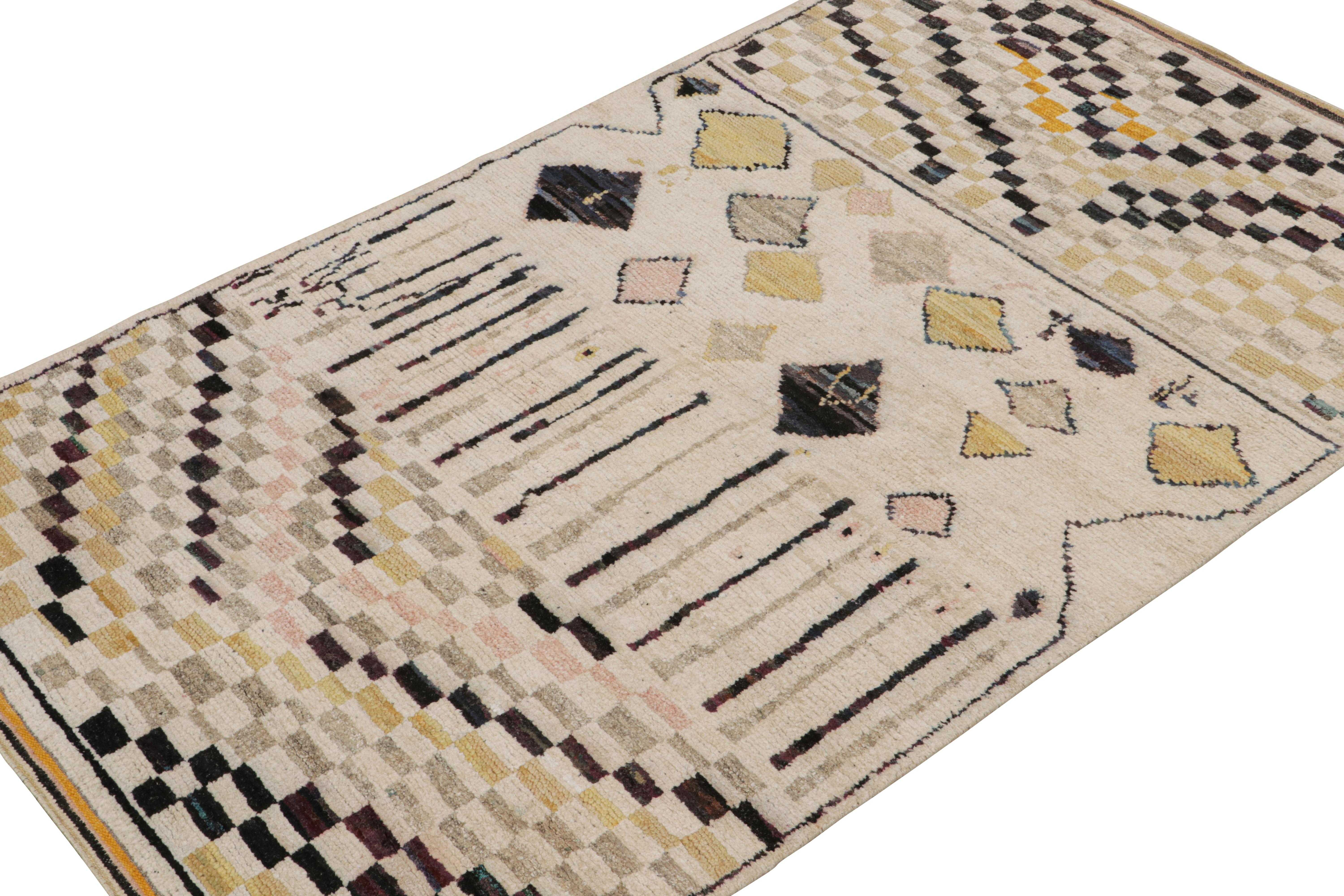 Hand-knotted in wool, silk and cotton, this 3x10 rug is a new addition to the Moroccan rug collection by Rug & Kilim. 

On the Design

This designs represent a modern take on the Berber primitivist style, with multicolor geometric patterns on a