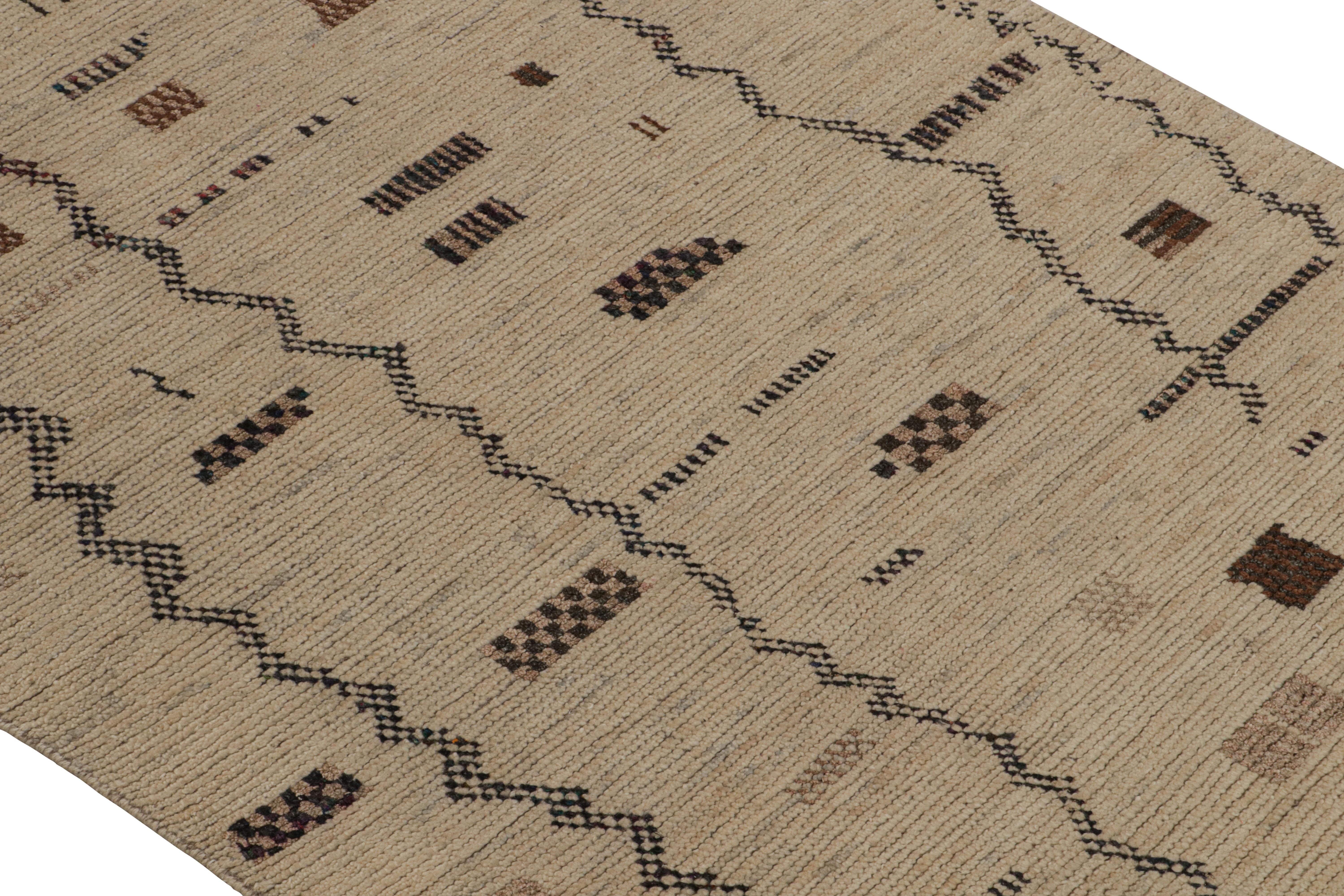 Indian Rug & Kilim’s Moroccan Style Rug in Beige-Brown and Black Geometric Pattern For Sale