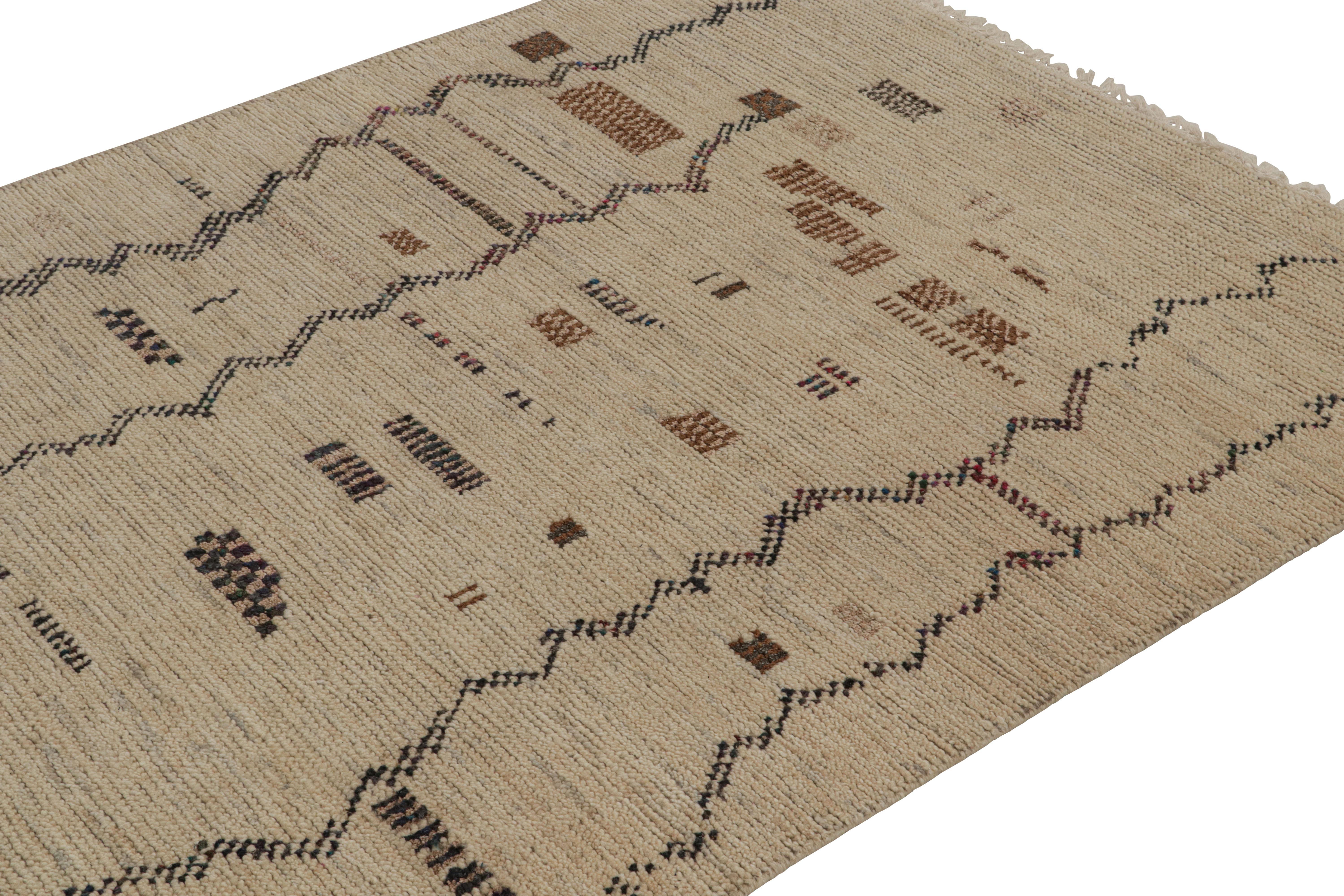Hand-Knotted Rug & Kilim’s Moroccan Style Rug in Beige-Brown and Black Geometric Pattern For Sale
