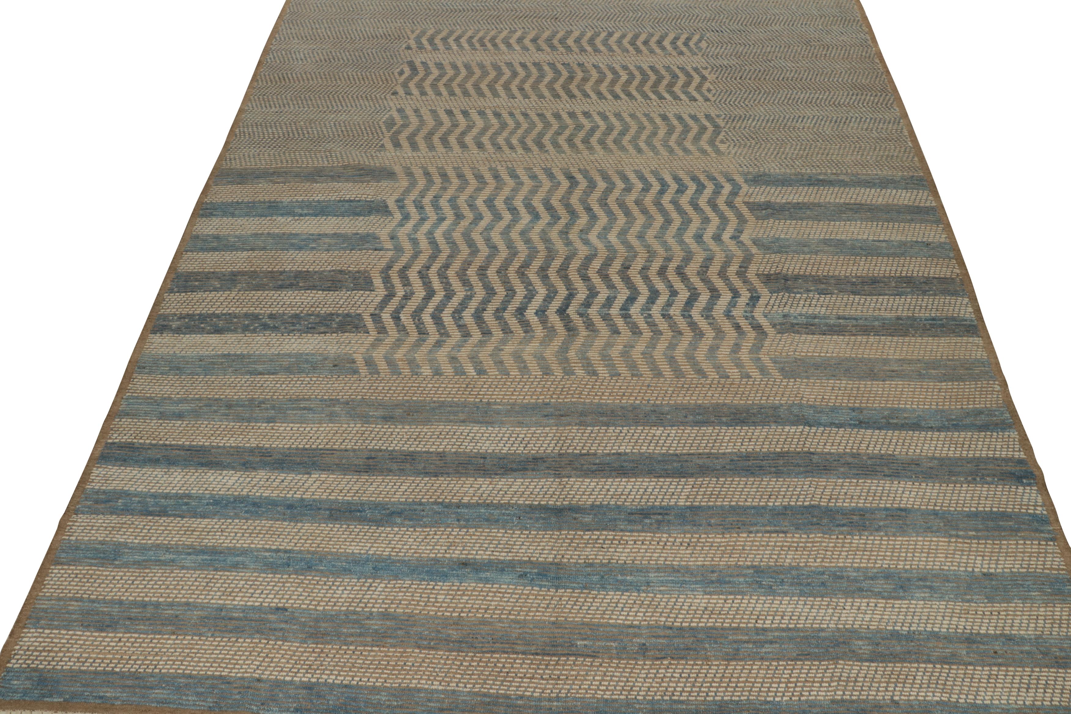 Afghan Rug & Kilim’s Moroccan Style Rug in Beige-Brown and Blue Stripes and Chevrons For Sale