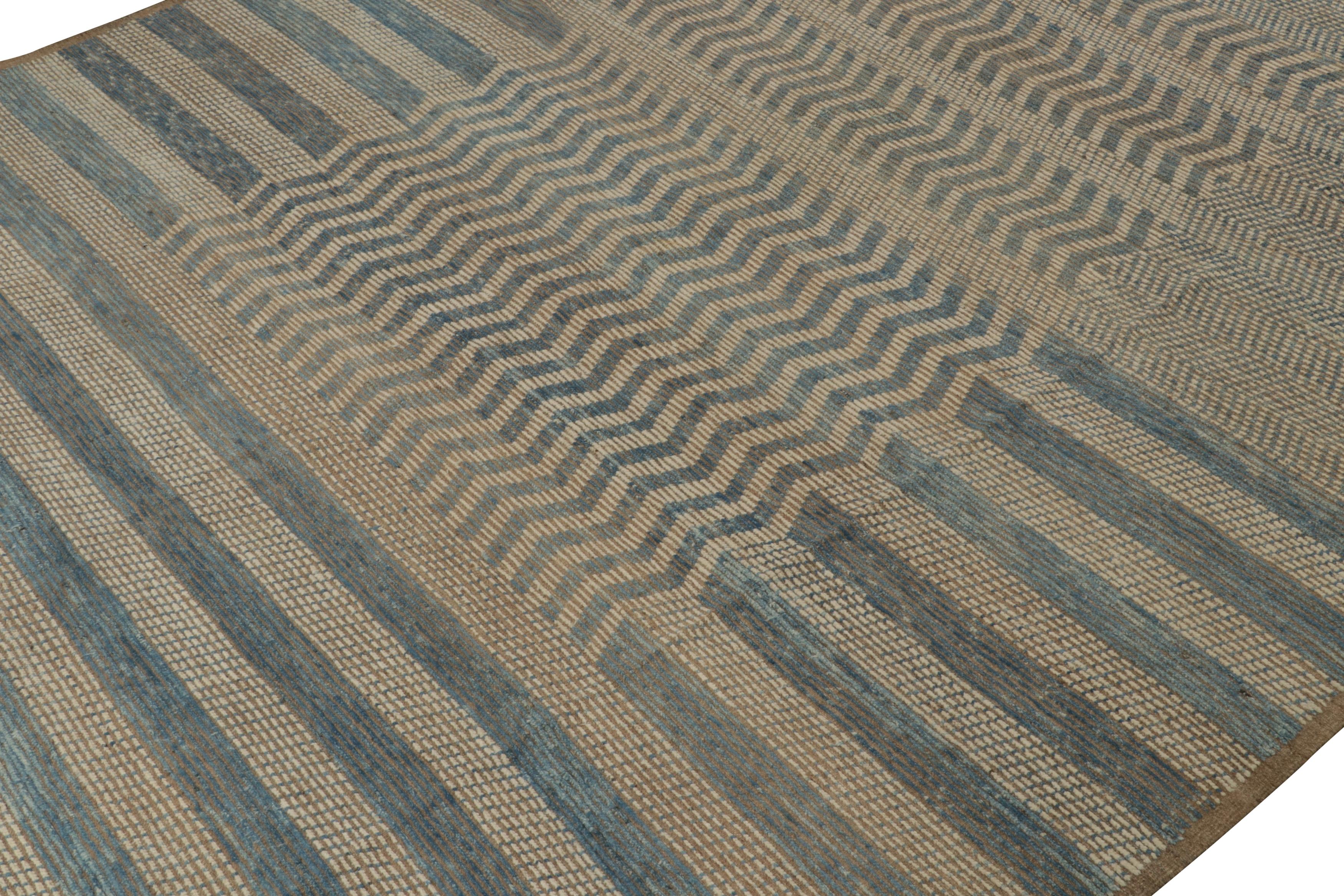 Noué à la main Rug & Kilim's Moroccan Style Rug in Beige-Brown and Blue Stripes and Chevrons (tapis de style marocain à rayures et chevrons beige, marron et bleu) en vente