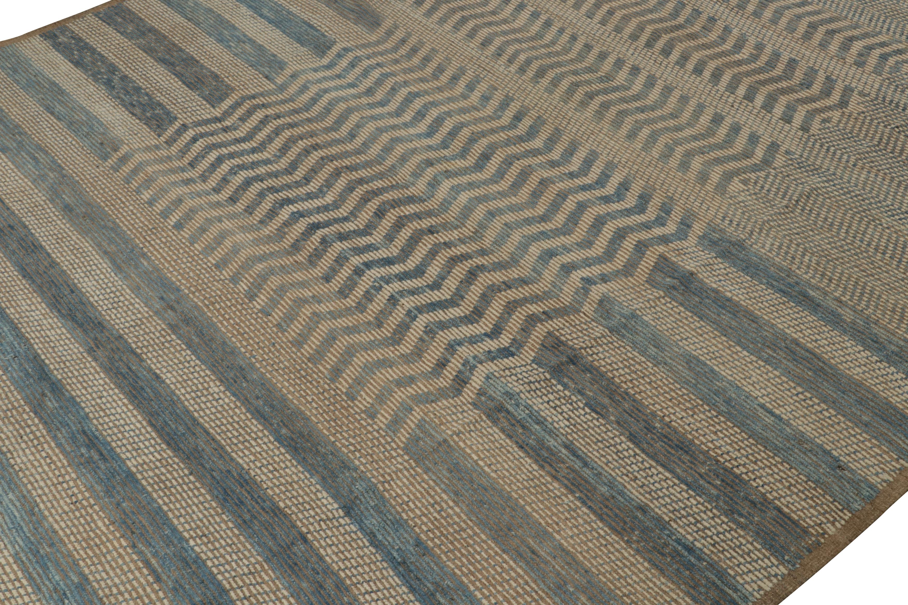 Hand-Knotted Rug & Kilim’s Moroccan Style Rug in Beige-Brown and Blue Stripes and Chevrons For Sale