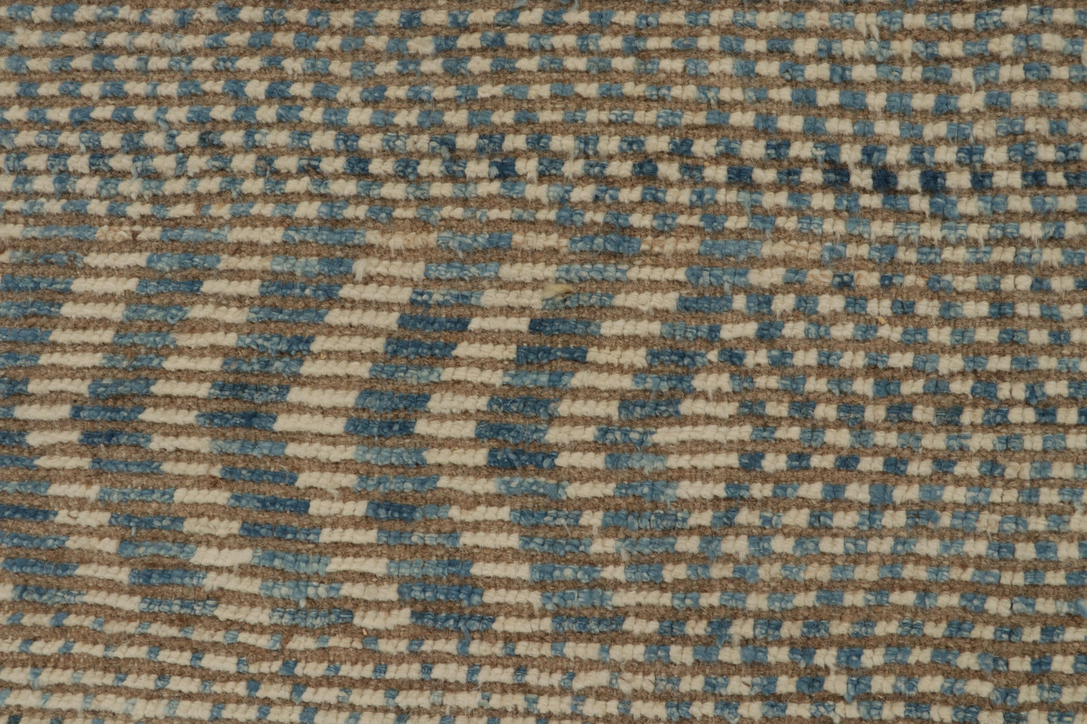 Contemporary Rug & Kilim’s Moroccan Style Rug in Beige-Brown and Blue Stripes and Chevrons For Sale