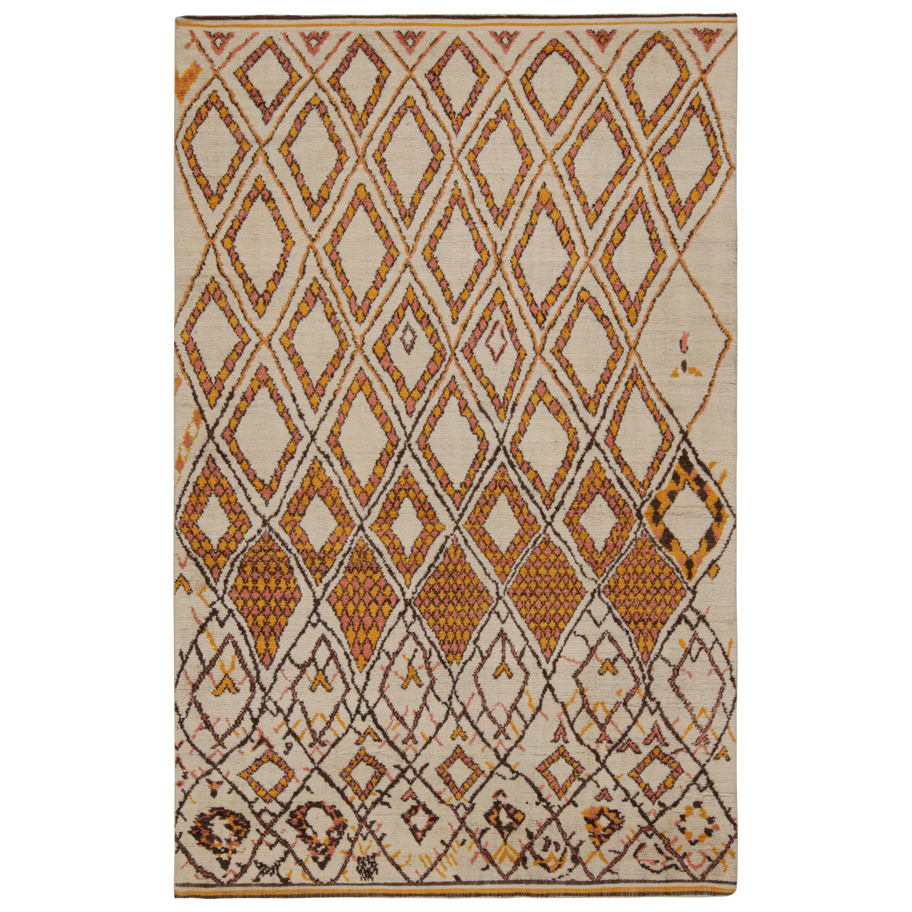 Rug & Kilim’s Moroccan Style Rug in Beige-Brown & Orange Geometric Patterns For Sale