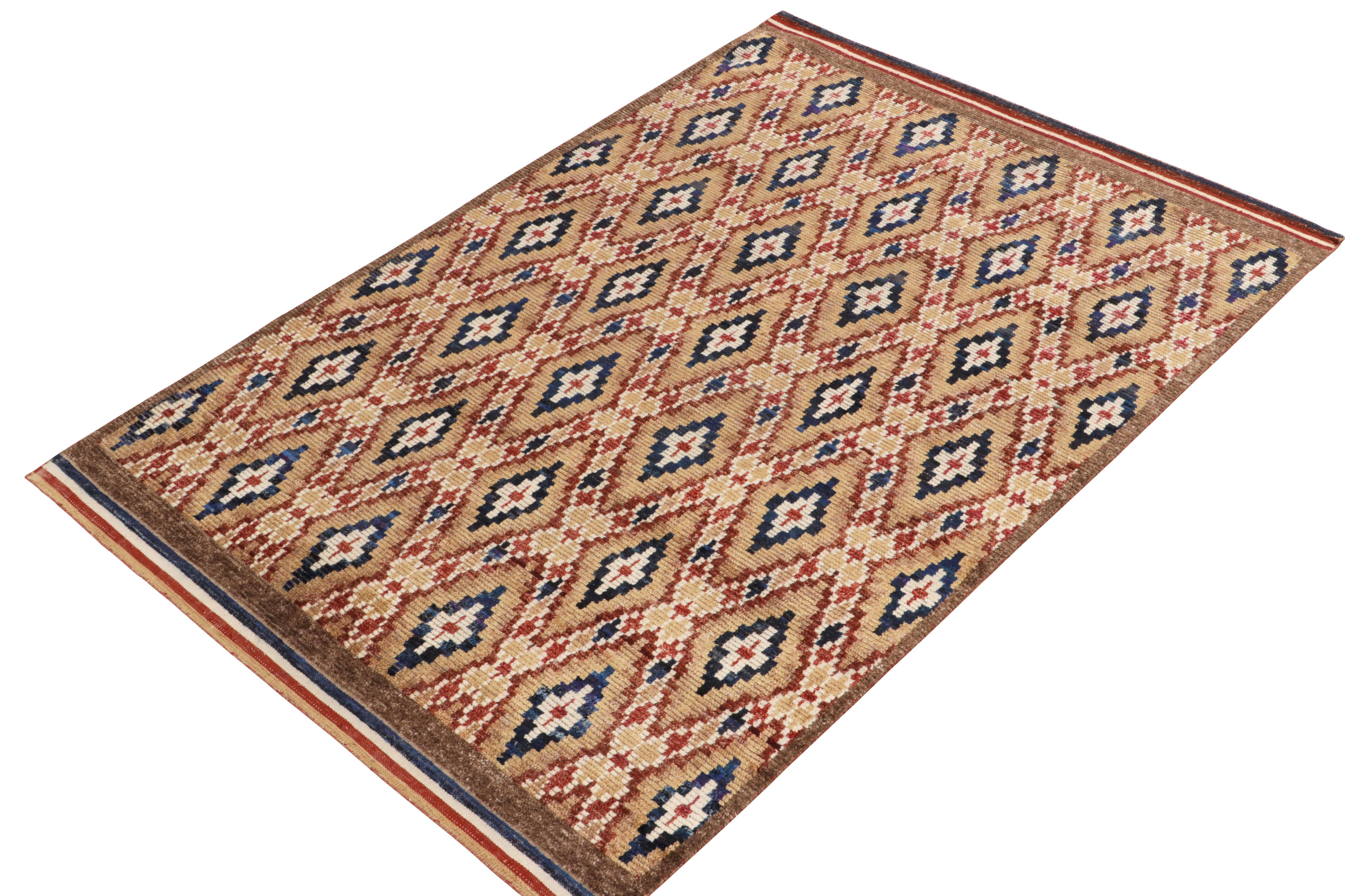 Tribal Rug & Kilim's Moroccan Style Rug in Beige-Brown, Red and Blue Diamond Patterns For Sale