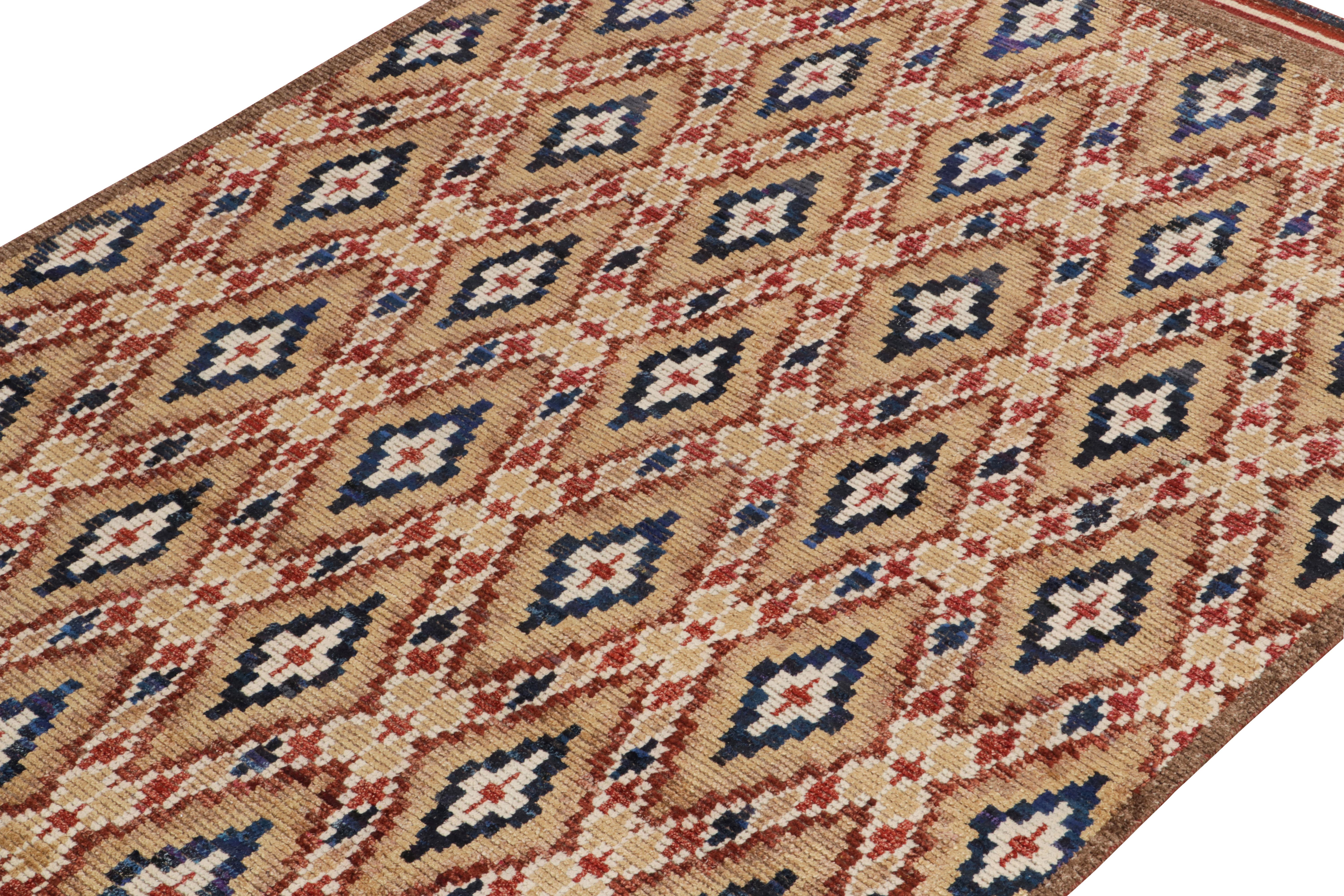 Indian Rug & Kilim's Moroccan Style Rug in Beige-Brown, Red and Blue Diamond Patterns For Sale