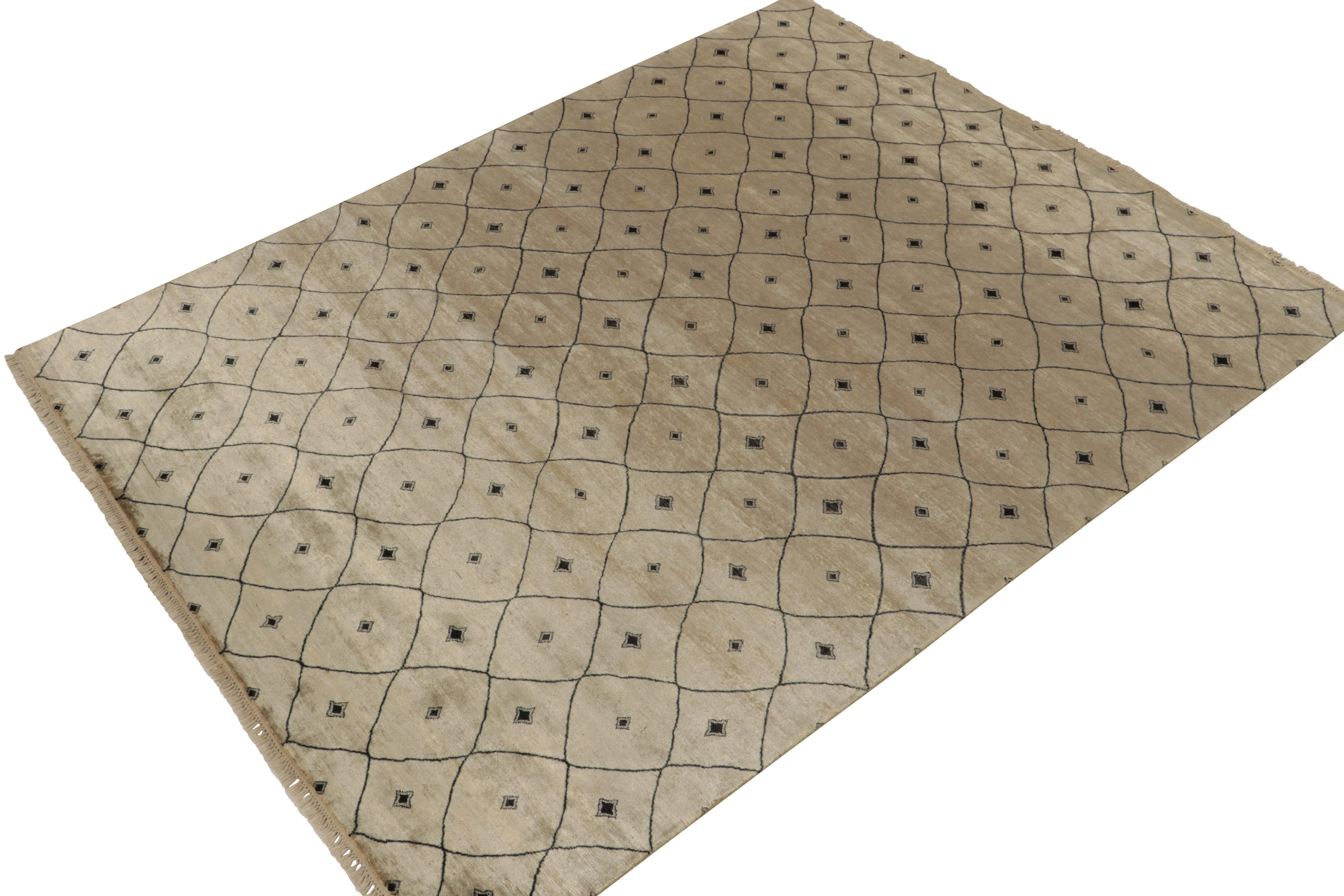 Hand-knotted in luxurious silk, an 8x10 contemporary rug from our Modern Classics collection drawing inspiration from antique Moroccan rugs. 

On the Design: The luscious drawing enjoys an all over trellis pattern in rich beige-brown with black,