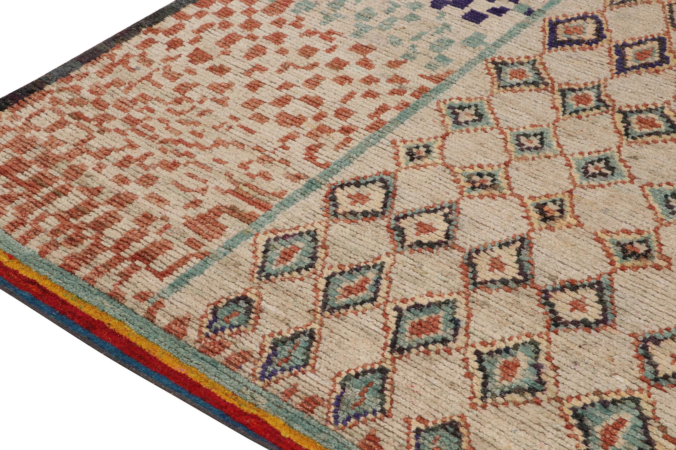 Hand-Knotted Rug & Kilim’s Moroccan Style Rug in Beige, Red and Blue Geometric Patterns For Sale