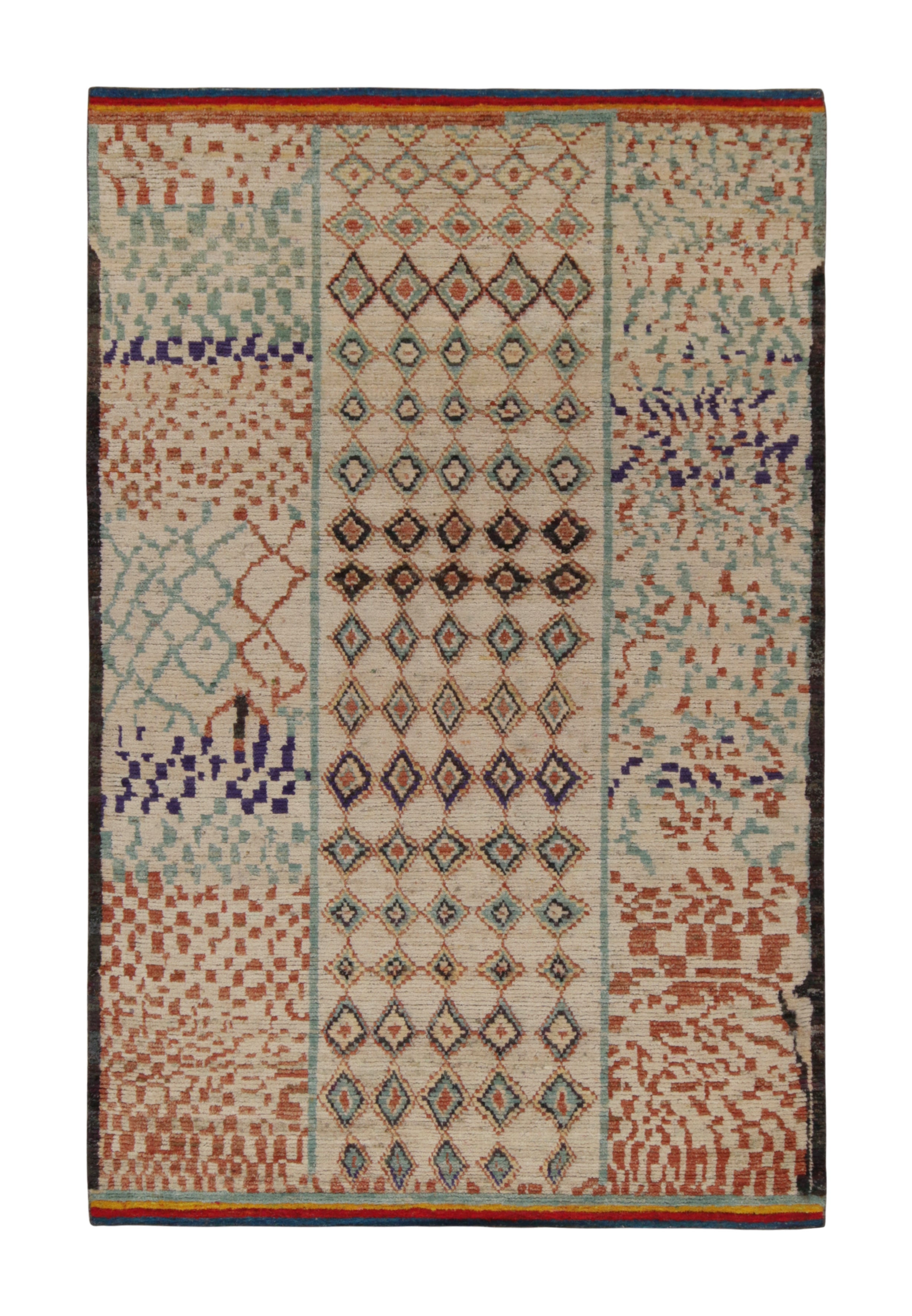 Rug & Kilim’s Moroccan Style Rug in Beige, Red and Blue Geometric Patterns For Sale