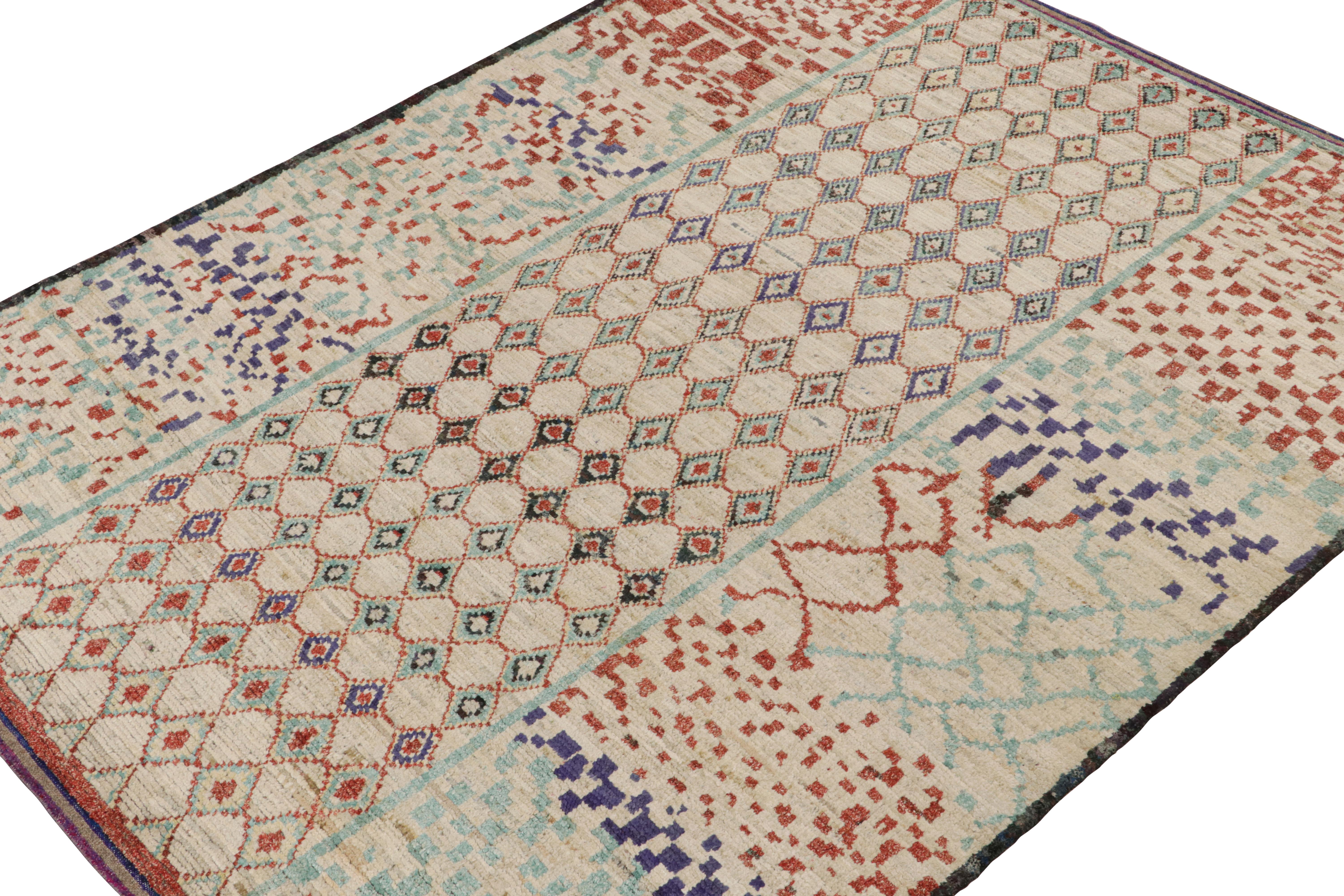 Hand-knotted in silk, this 8x10 rug is a new addition to the Moroccan Collection by Rug & Kilim. 

On the Design

This rug enjoys primitivist style with red & blue patterns on a beige backdrop. Connoisseurs will admire this as a modern take on the