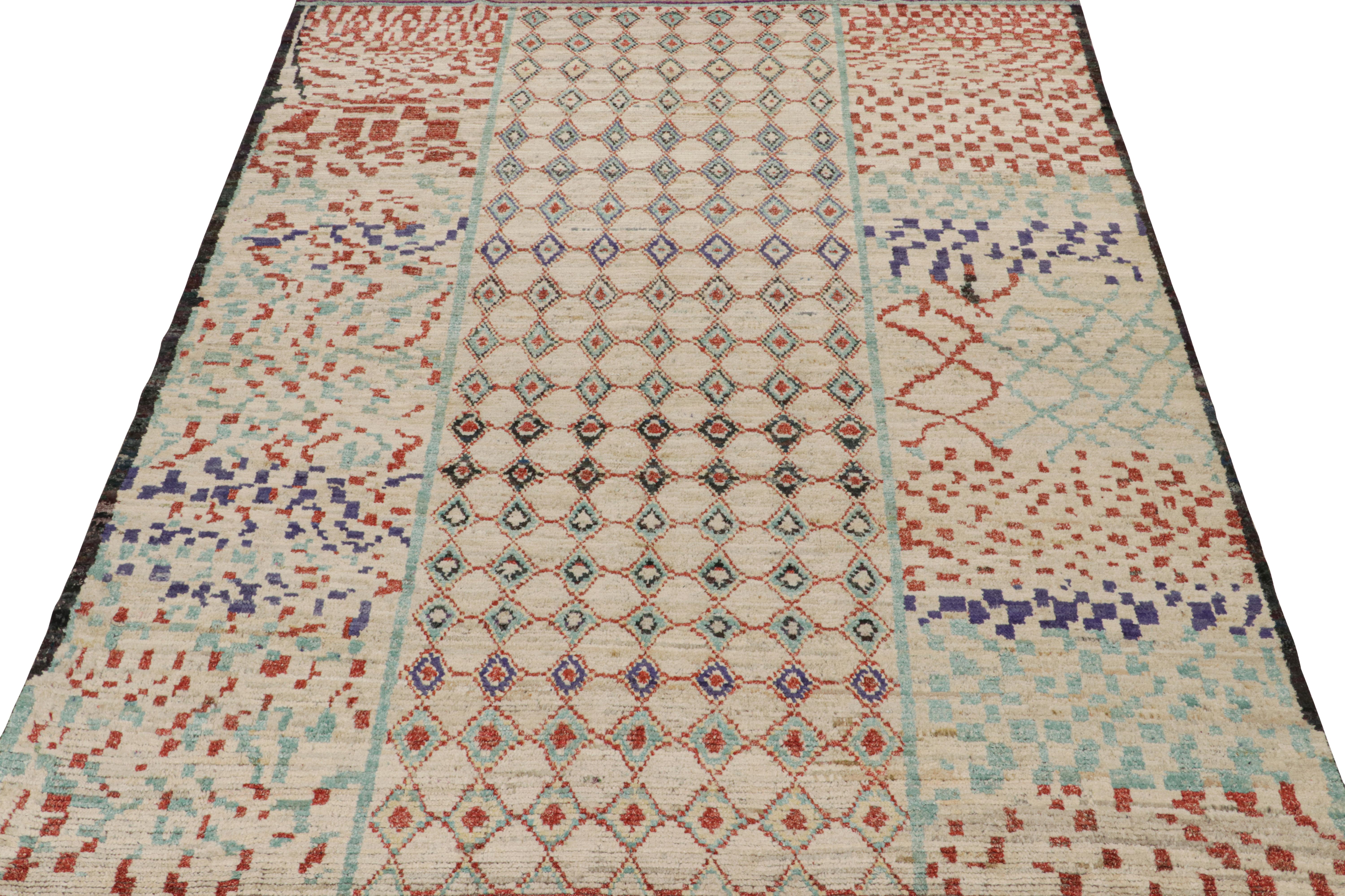 Tribal Rug & Kilim’s Moroccan Style Rug in Beige, Red & Blue Geometric Patterns For Sale