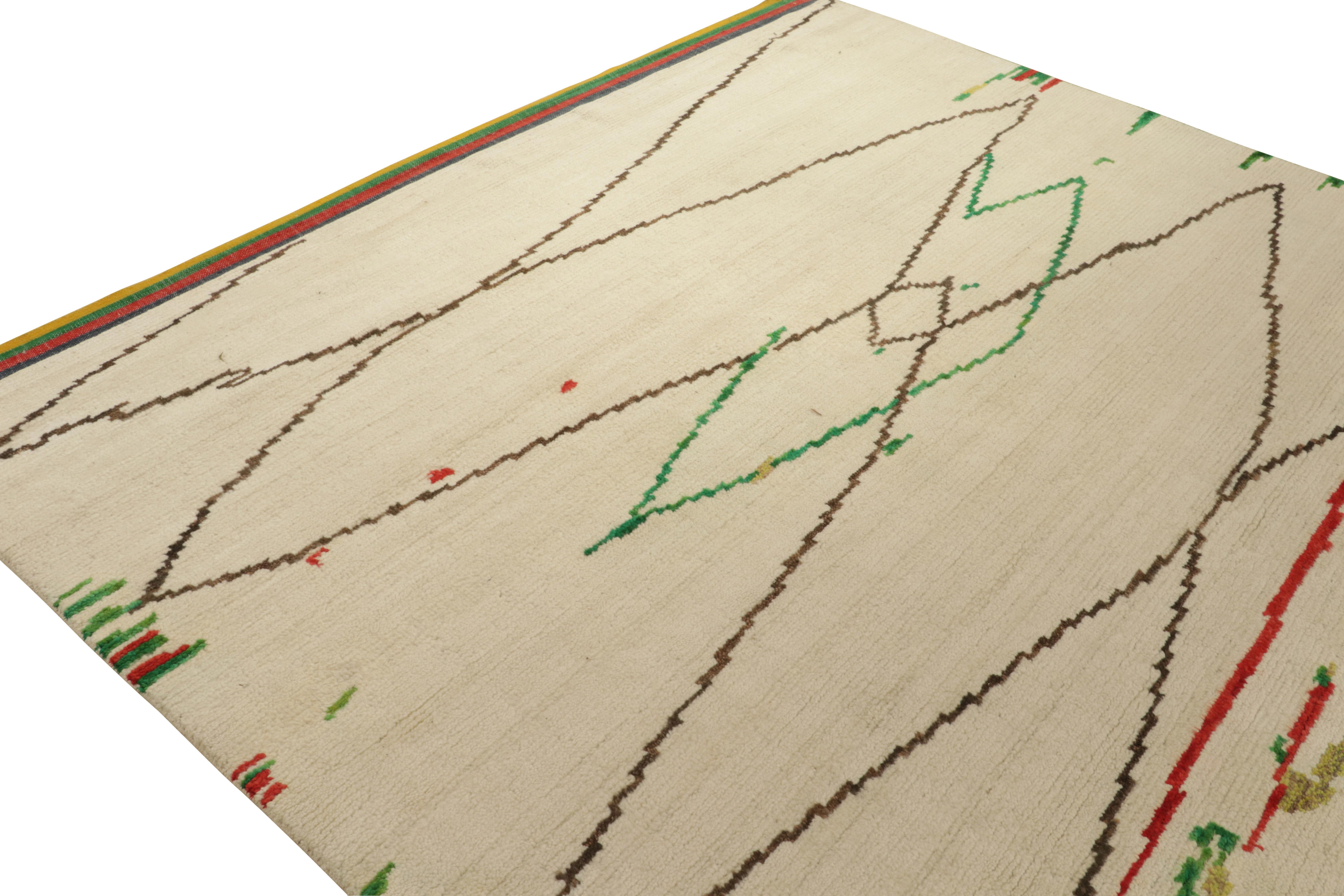 Indian Rug & Kilim’s Moroccan Style Rug in Beige, Red & Green Geometric Pattern For Sale