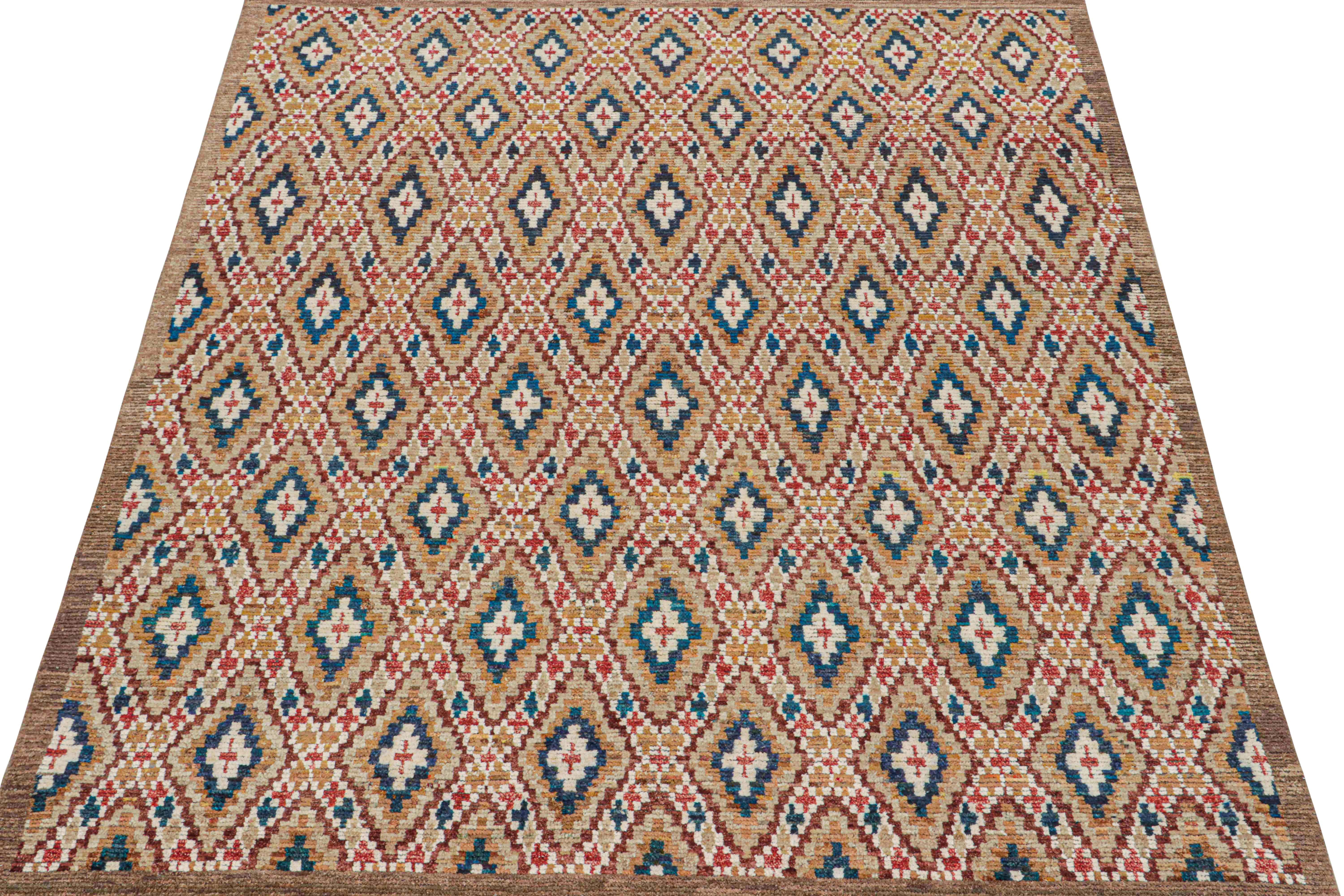 This 8x10 rug is a new addition to Rug & Kilim’s Moroccan rug collection. Hand-knotted in wool and silk, its design recaptures the classic tribal sensibility in a new modern quality.

This particular design enjoys diamond patterns in gold, white