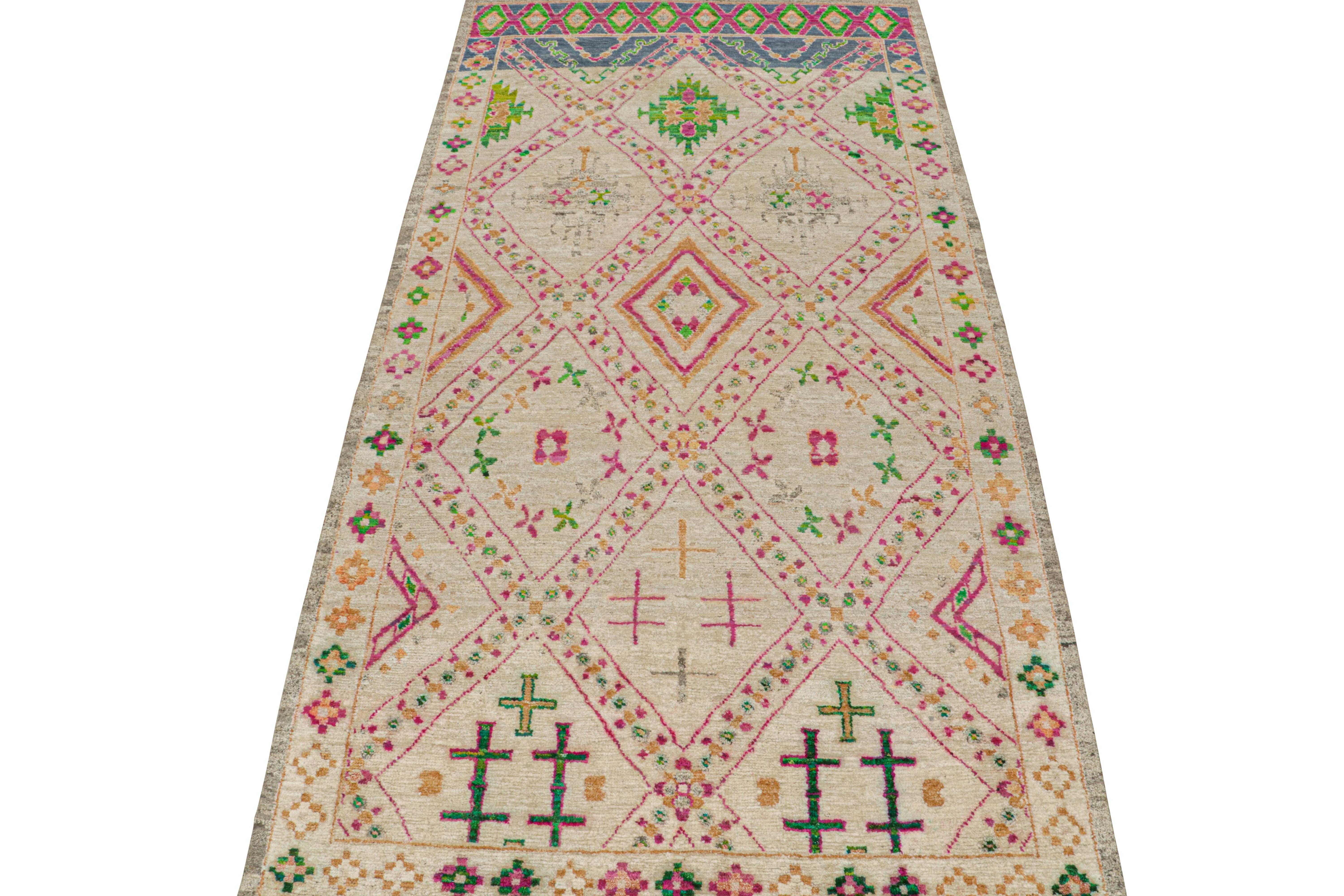 This 7x15 gallery runner is a new addition to Rug & Kilim’s Moroccan rug collection. Hand-knotted in wool and silk, its design recaptures the classic tribal sensibility in a new modern quality.

This whimsical design enjoys vibrant geometric
