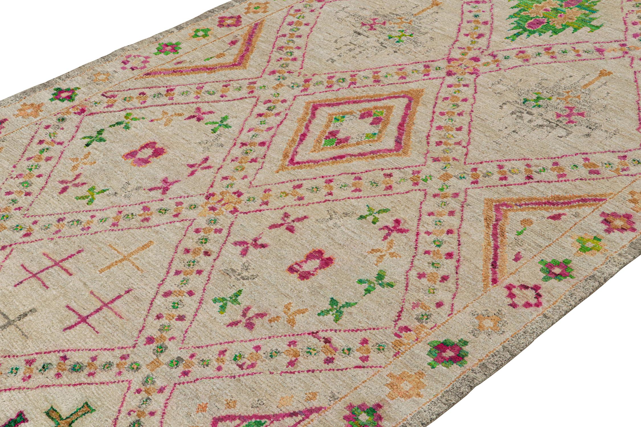 Indian Rug & Kilim’s Moroccan Style Rug in Beige with Vibrant Geometric Patterns For Sale