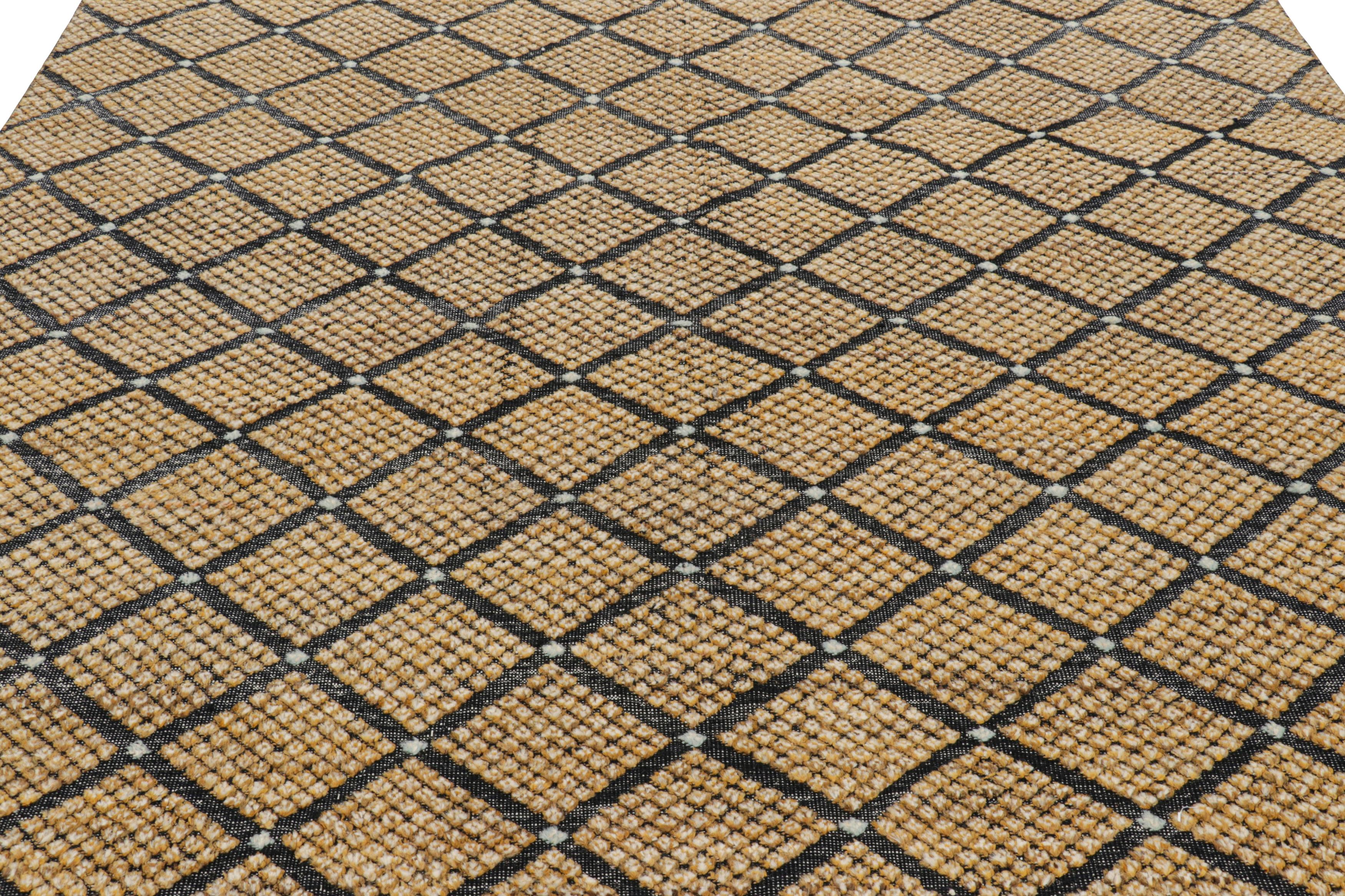 Made with hand-knotted and handwoven wool, this 8x10 Moroccan rug features a contemporary approach to Berber tribal rugs which plays pile and flatweave together, with a high-low texture married to its geometric diamond/lozenges patterns.  

On the