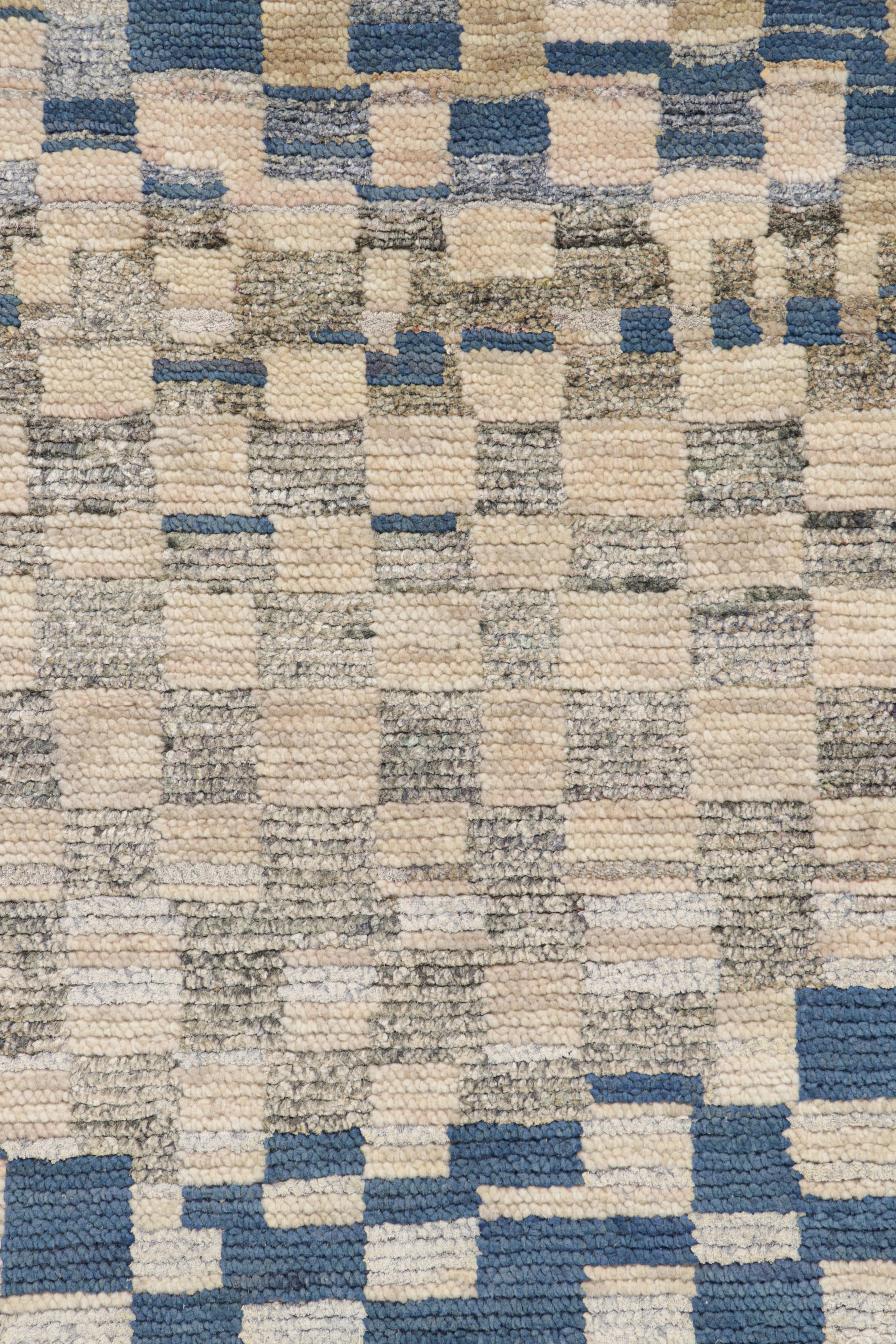 Indian Rug & Kilim’s Moroccan Style rug in Blue, Gray and Beige Geometric Patterns For Sale