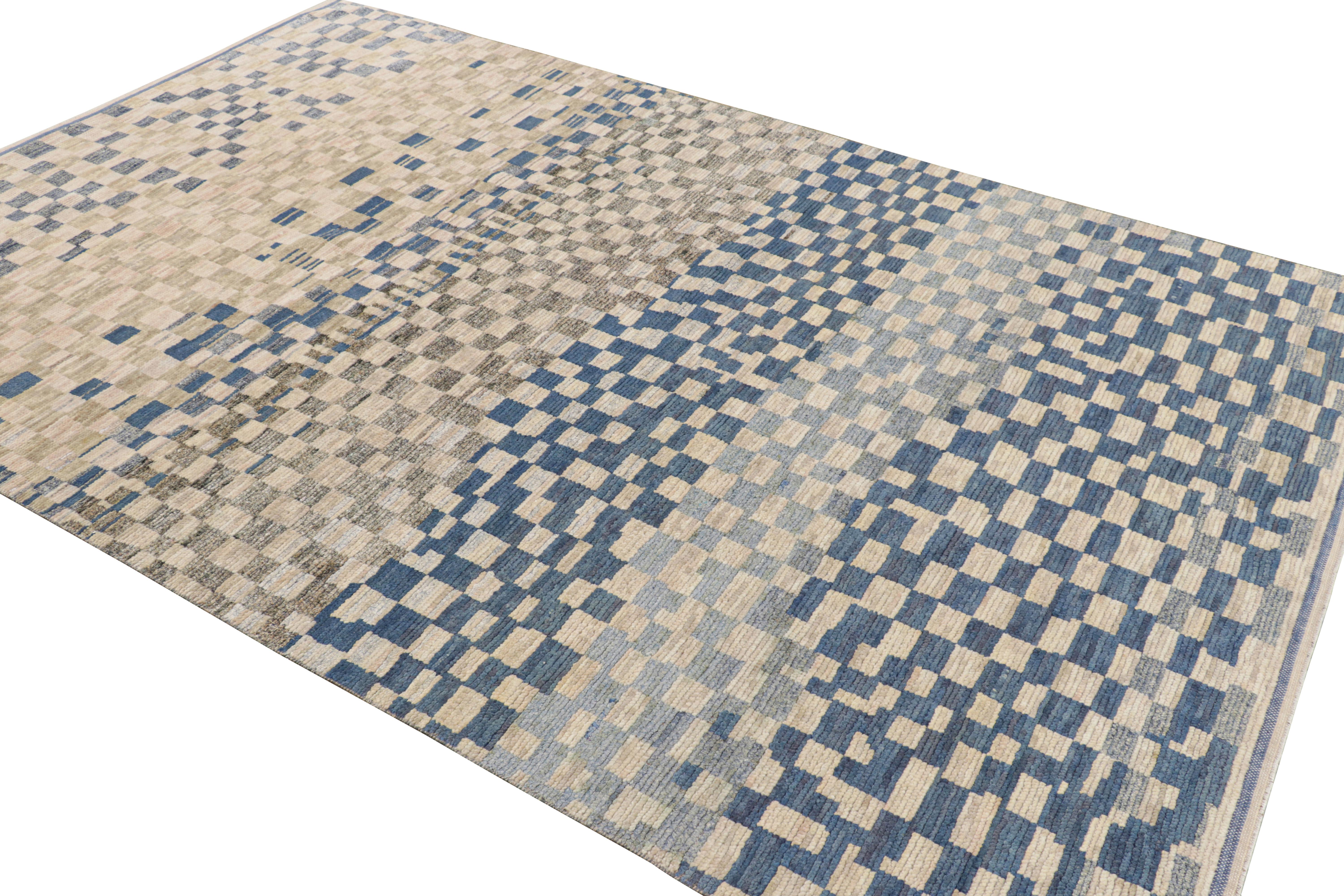 Hand-Knotted Rug & Kilim’s Moroccan Style rug in Blue, Gray and Beige Geometric Patterns For Sale