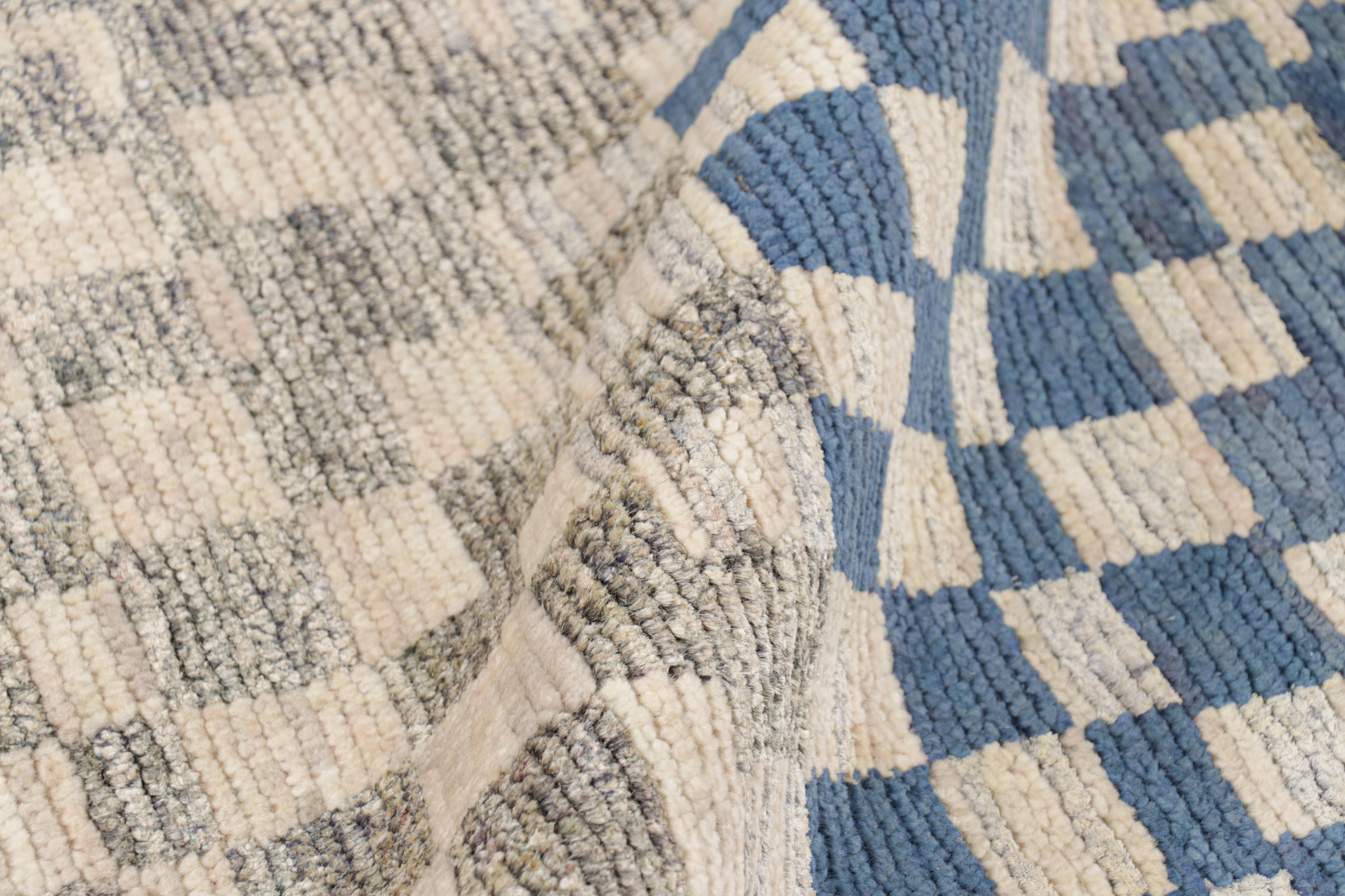 Wool Rug & Kilim’s Moroccan Style rug in Blue, Gray and Beige Geometric Patterns For Sale