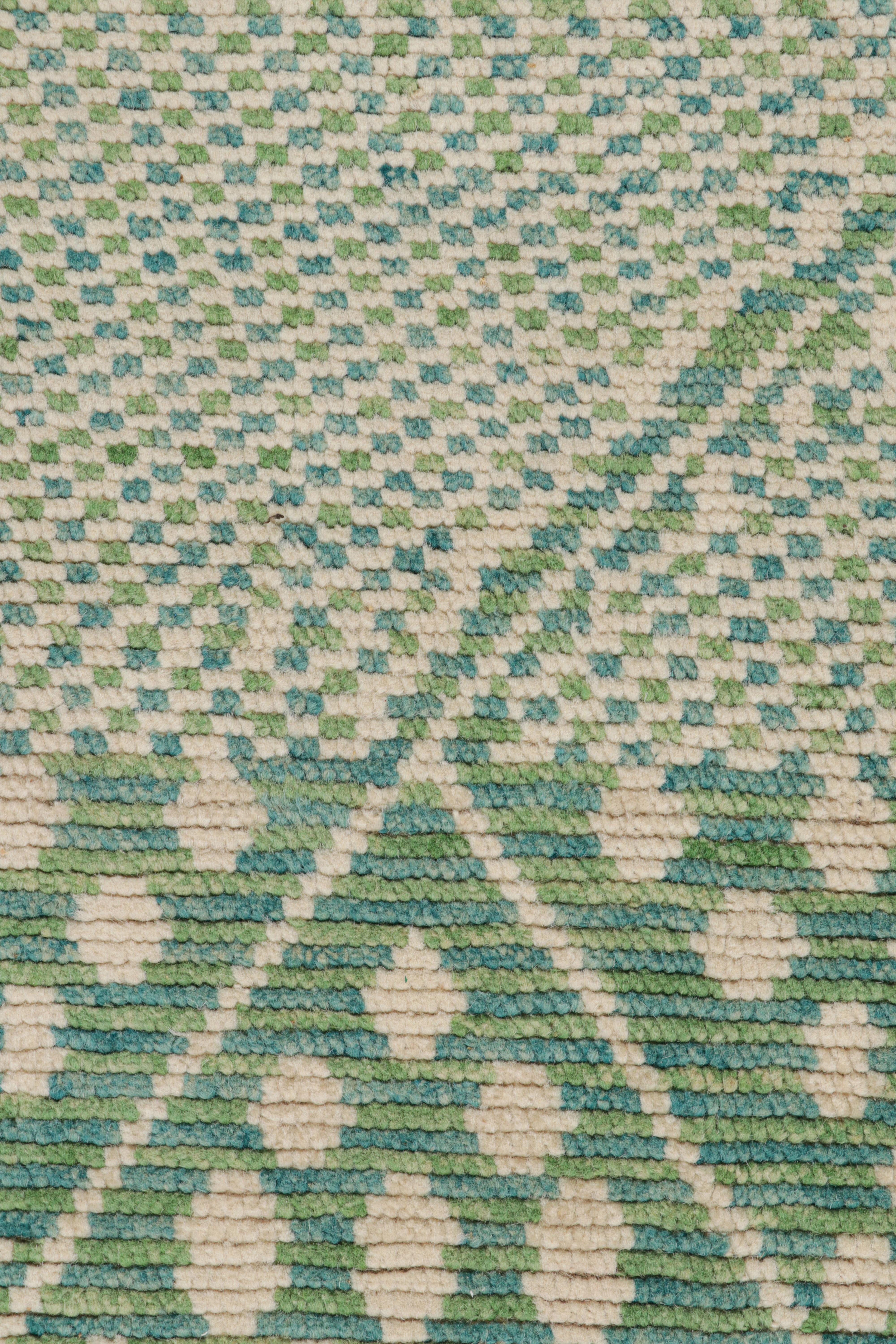 Modern Rug & Kilim’s Moroccan Rug In Blue, Green And Beige Geometric Patterns For Sale