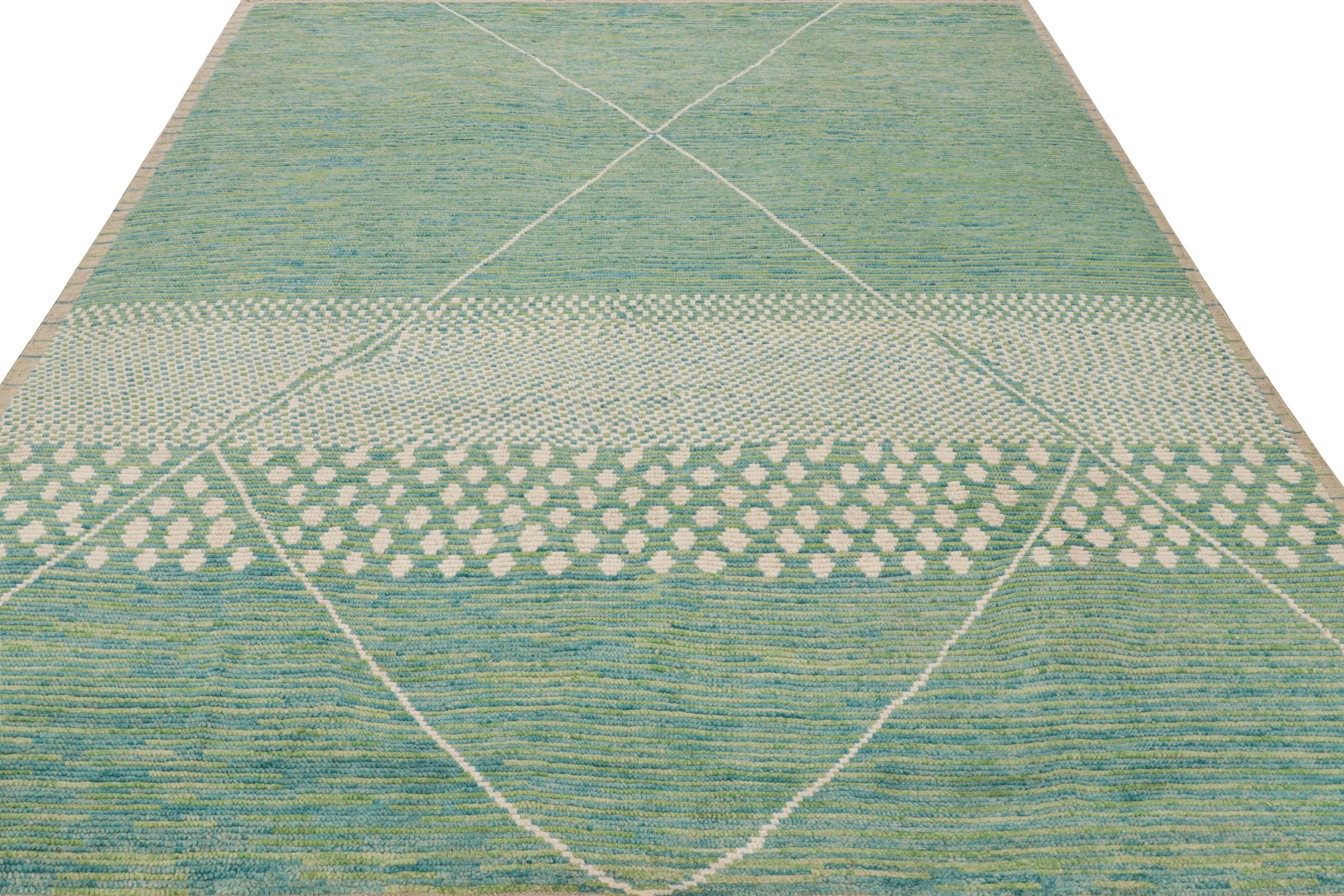 Indian Rug & Kilim’s Moroccan Rug In Blue, Green And Beige Geometric Patterns For Sale