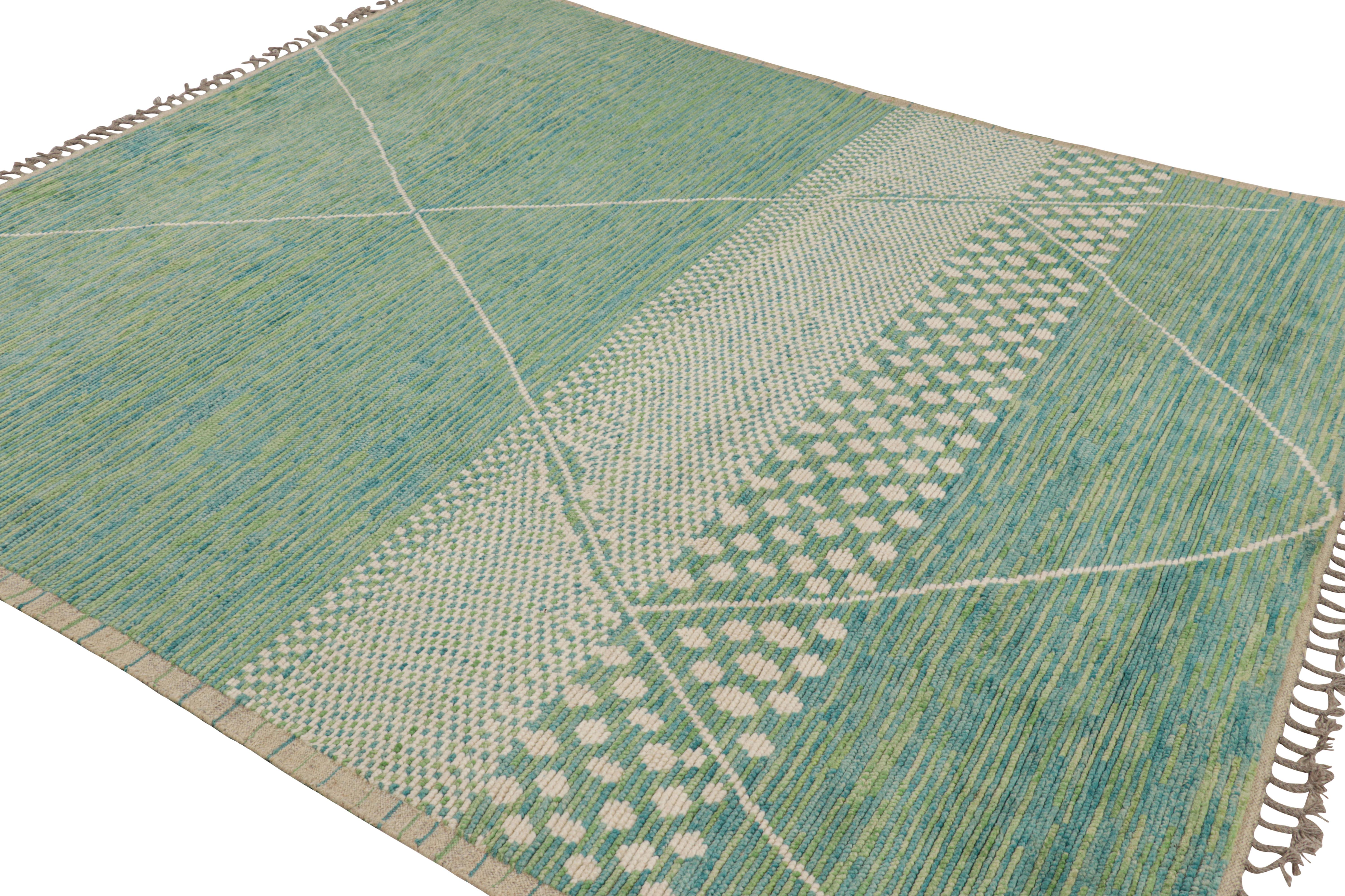 Hand-Knotted Rug & Kilim’s Moroccan Rug In Blue, Green And Beige Geometric Patterns For Sale