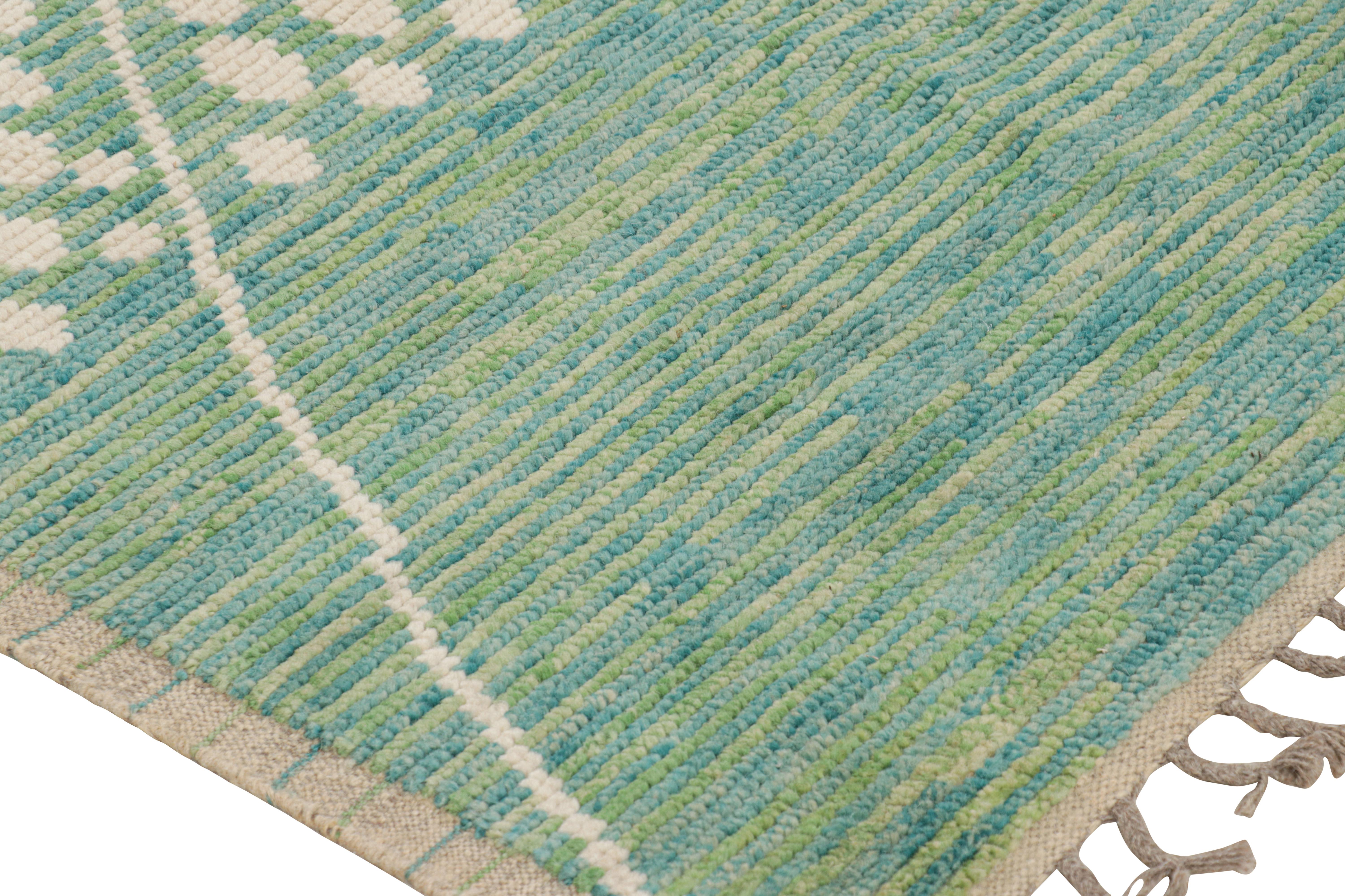 Rug & Kilim’s Moroccan Rug In Blue, Green And Beige Geometric Patterns In New Condition For Sale In Long Island City, NY
