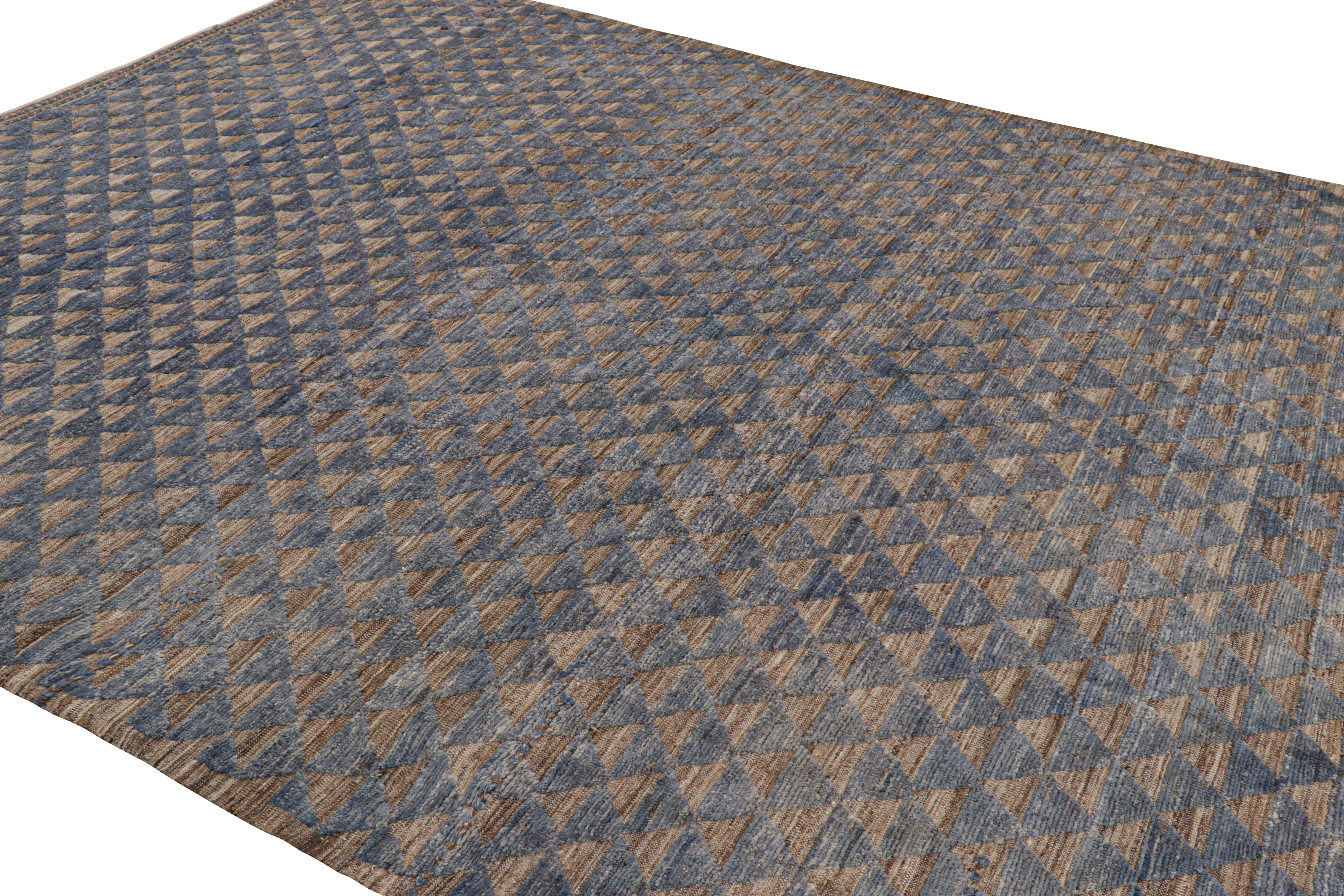 Modern Rug & Kilim’s Moroccan Style Rug in Blue with Brown Geometric Patterns For Sale