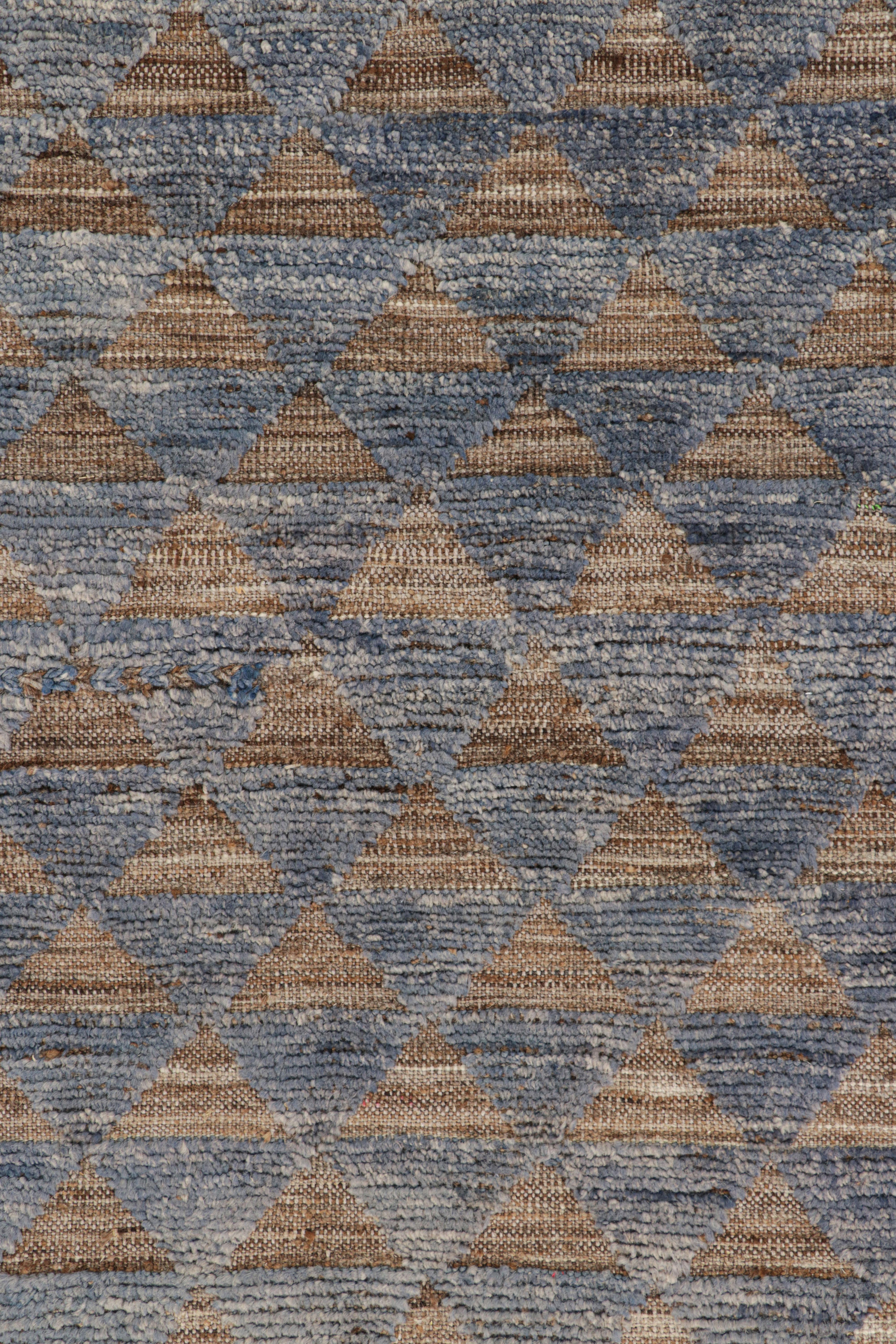 Hand-Knotted Rug & Kilim’s Moroccan Style Rug in Blue with Brown Geometric Patterns For Sale