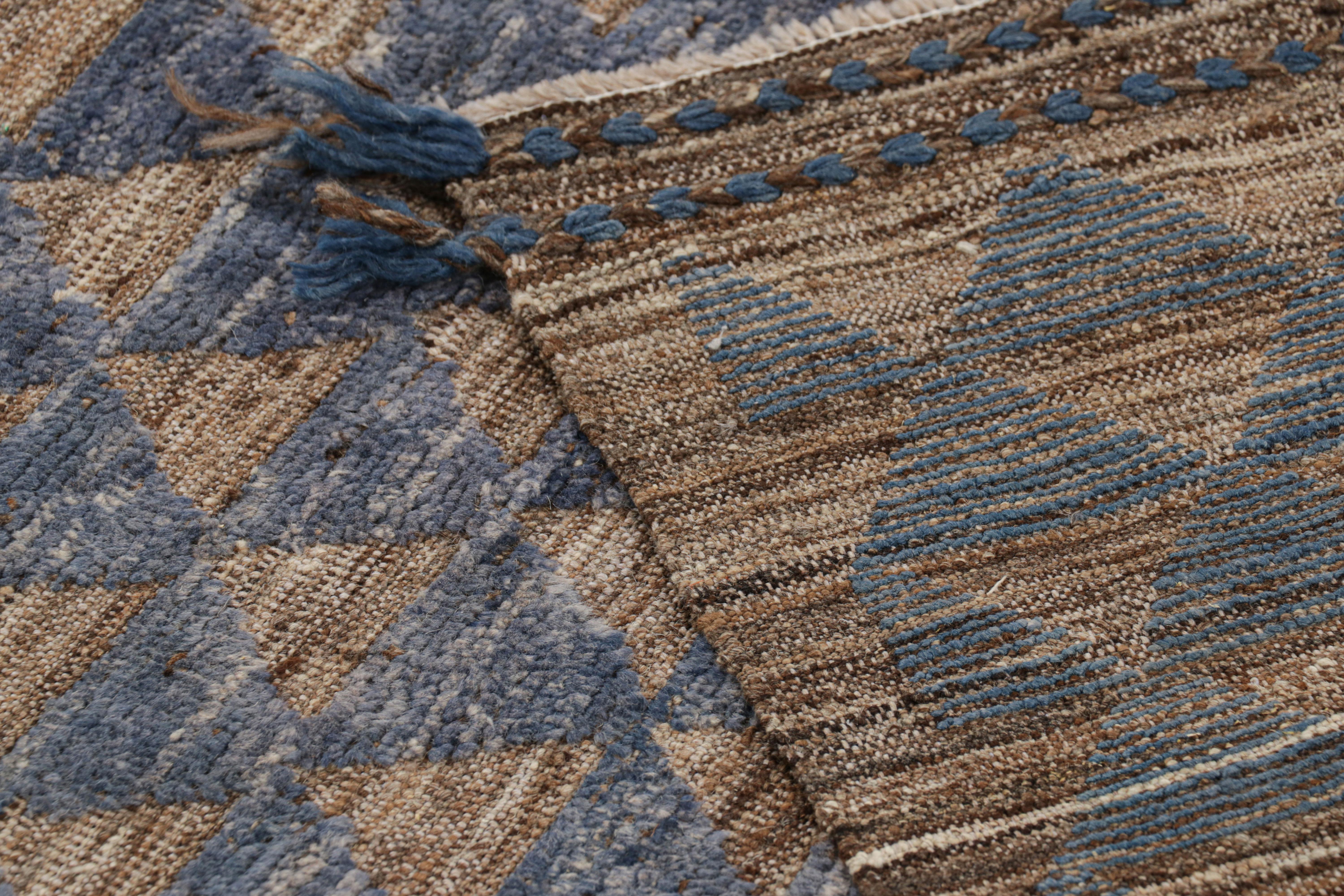 Contemporary Rug & Kilim’s Moroccan Style Rug in Blue with Brown Geometric Patterns For Sale