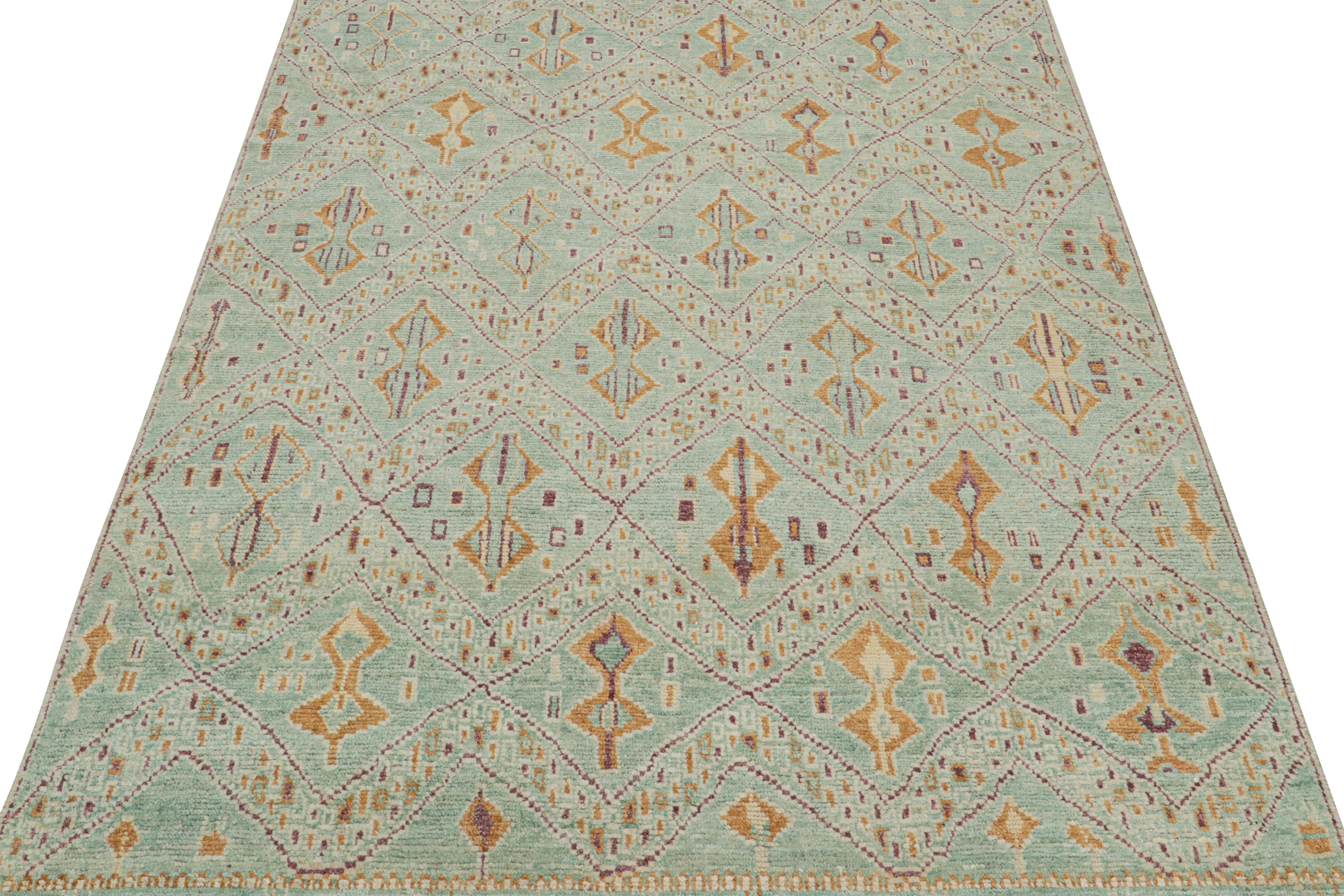 This 9x12 rug is a new addition to Rug & Kilim’s Moroccan rug collection. Hand-knotted in wool and silk, its design recaptures the classic tribal sensibility in a new modern quality.
This whimsical design enjoys aqua blue with seafoam accents in