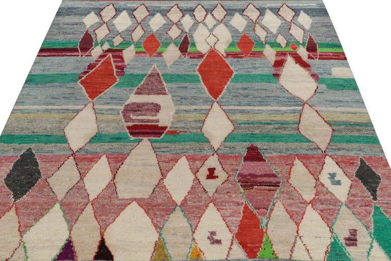 Rug and Kilim’s Moroccan Style Rug in Blue with Red and White Diamond Patterns For Sale at 1stDibs