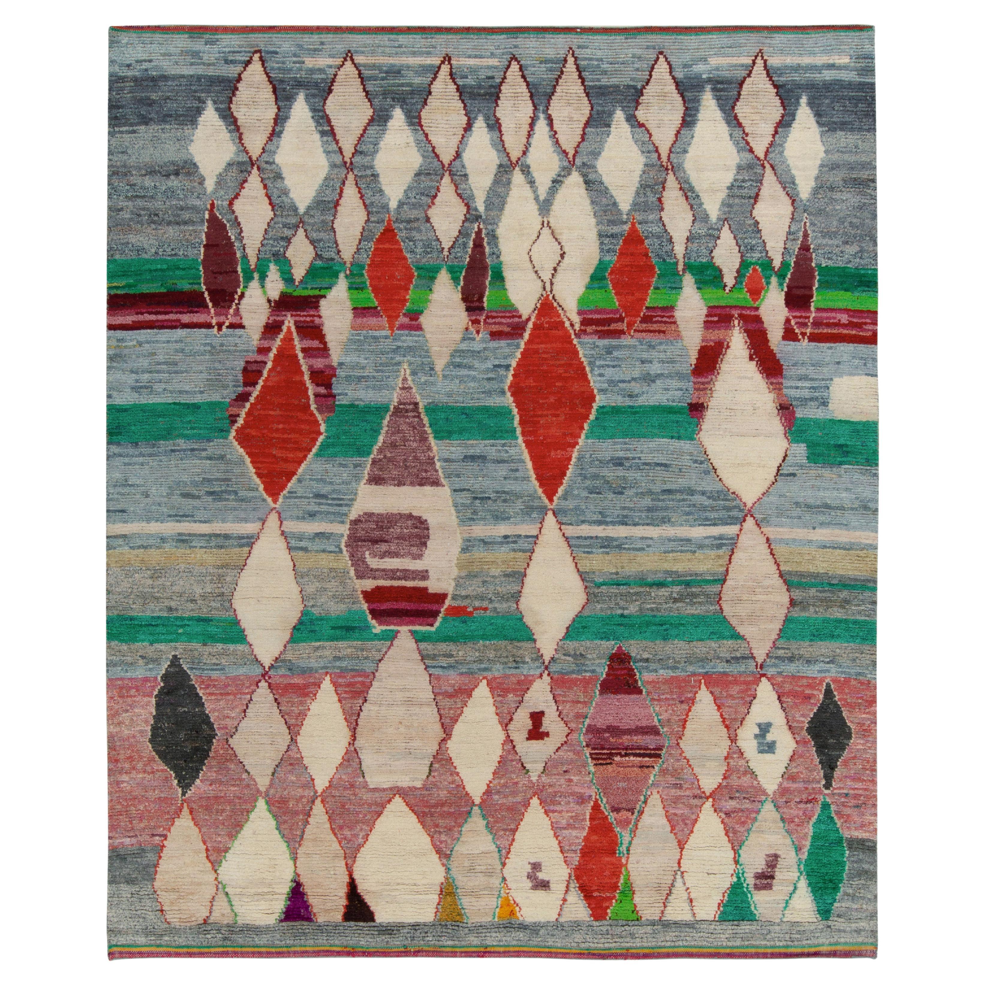 Rug & Kilim’s Moroccan Style Rug in Blue with Red & White Diamond Patterns