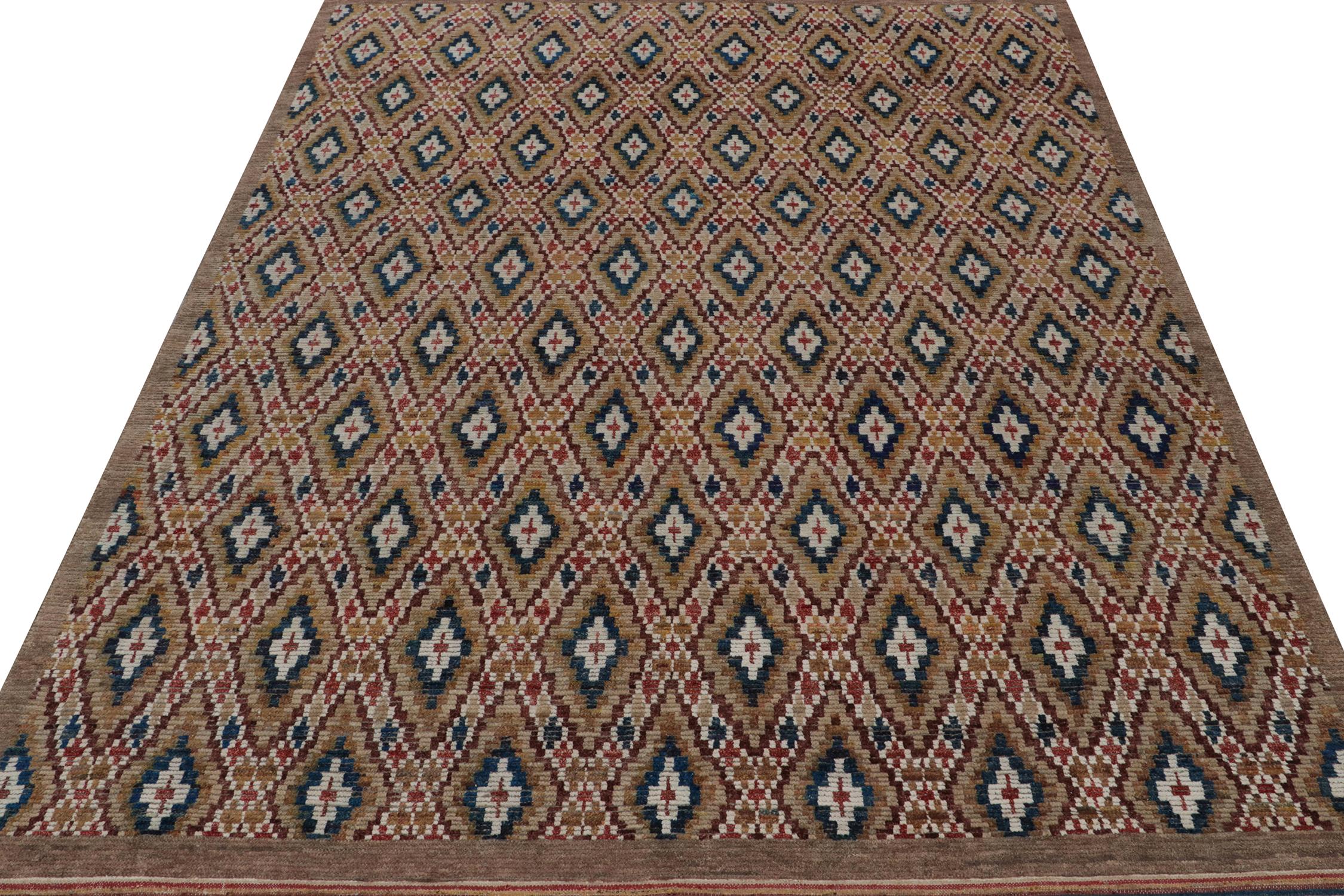 Indian Rug & Kilim’s Moroccan style rug in Brown, Red and Blue Diamond Patterns For Sale