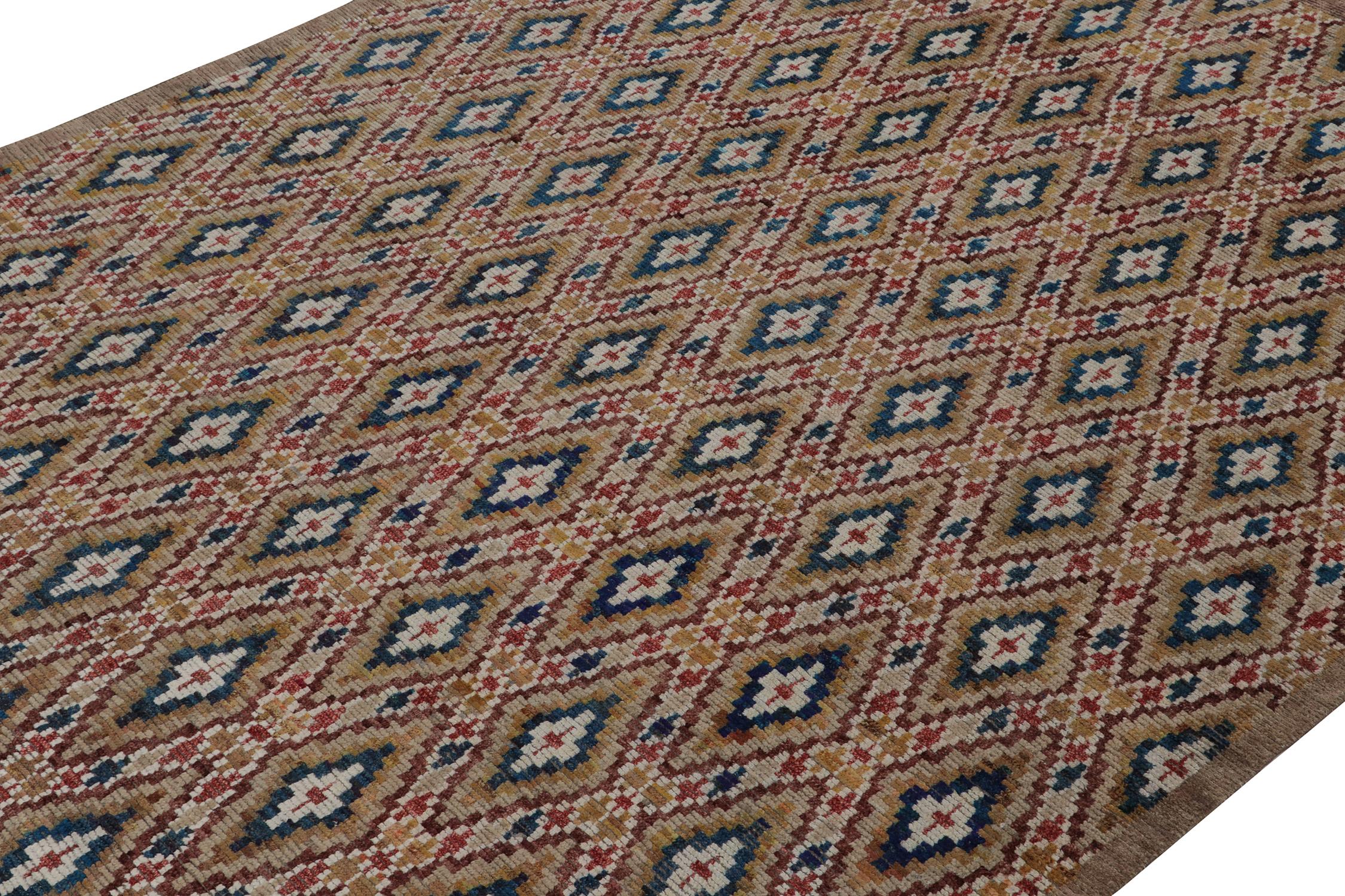 Hand-Knotted Rug & Kilim’s Moroccan style rug in Brown, Red and Blue Diamond Patterns For Sale