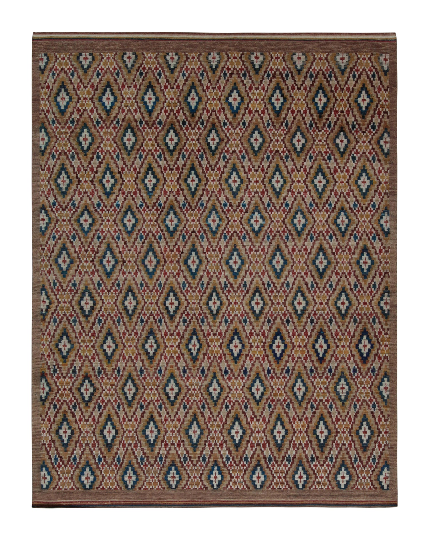 Rug & Kilim’s Moroccan style rug in Brown, Red and Blue Diamond Patterns For Sale
