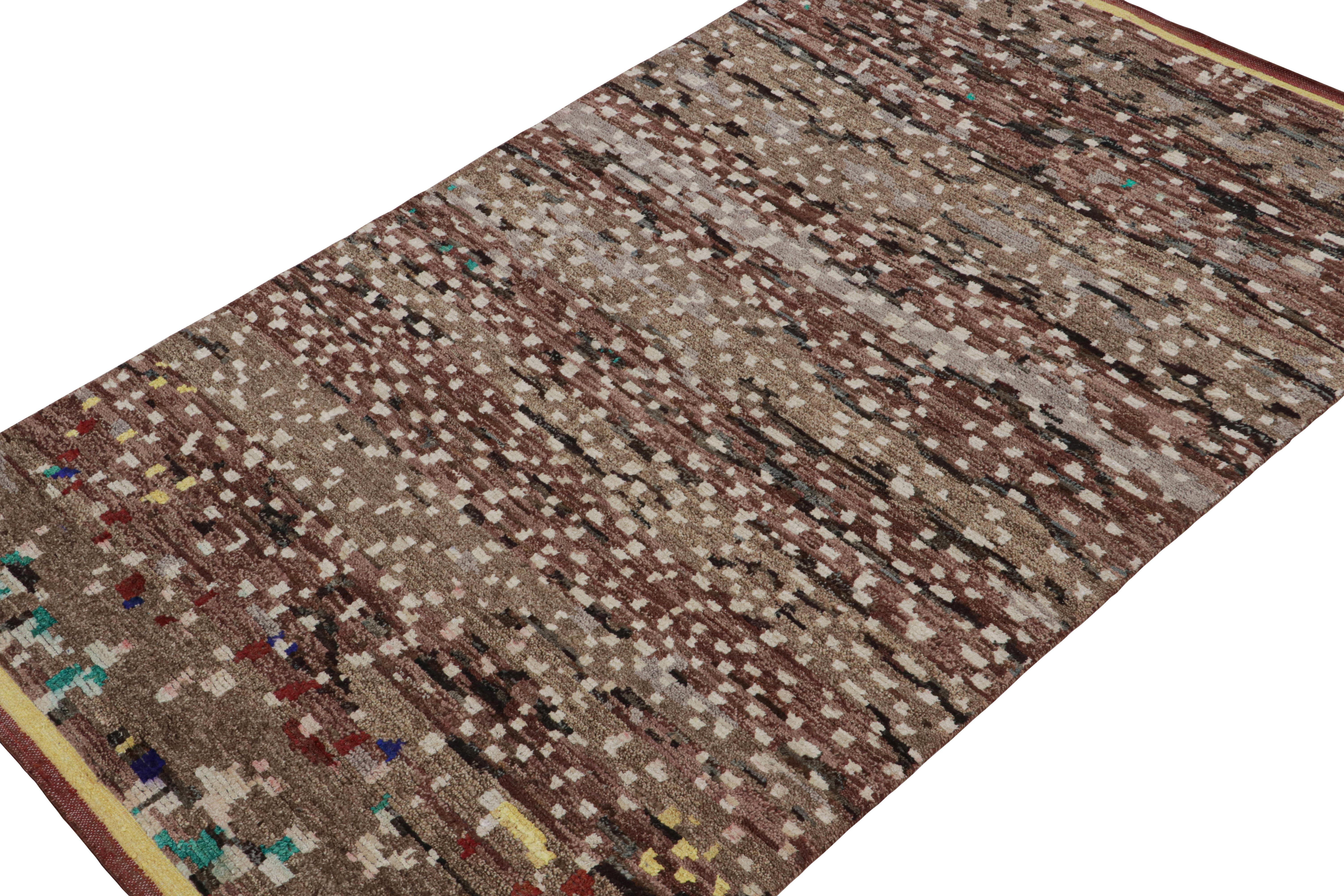 Hand-knotted in wool, silk & cotton, this 5x9 rug is a new addition to the Moroccan Collection by Rug & Kilim. 

On the Design:

This rug enjoys primitivist style with patterns in tones of brown, red, white, black & gray. Connoisseurs will admire