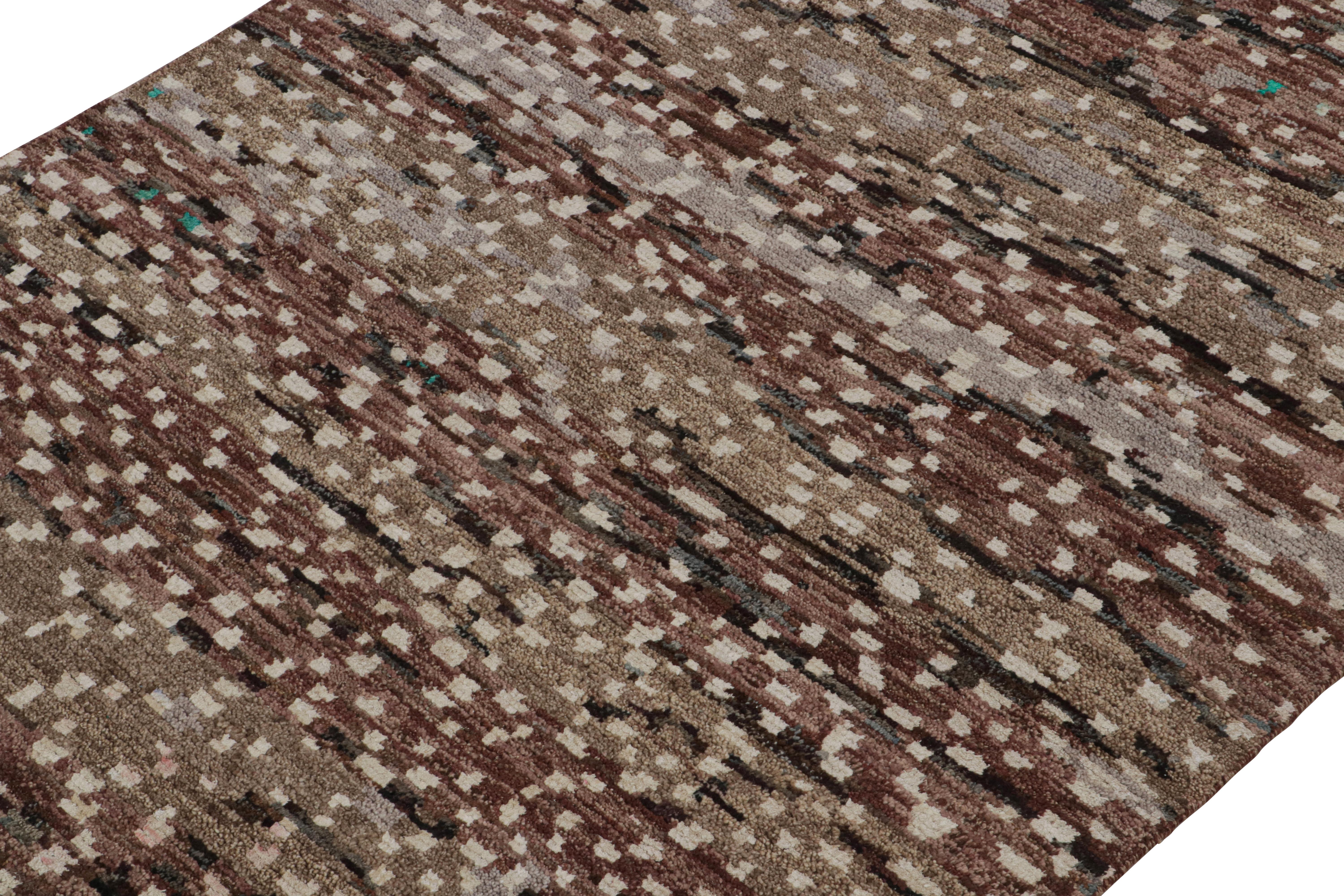 Indian Rug & Kilim’s Moroccan Style Rug in Brown with White Geometric Patterns For Sale