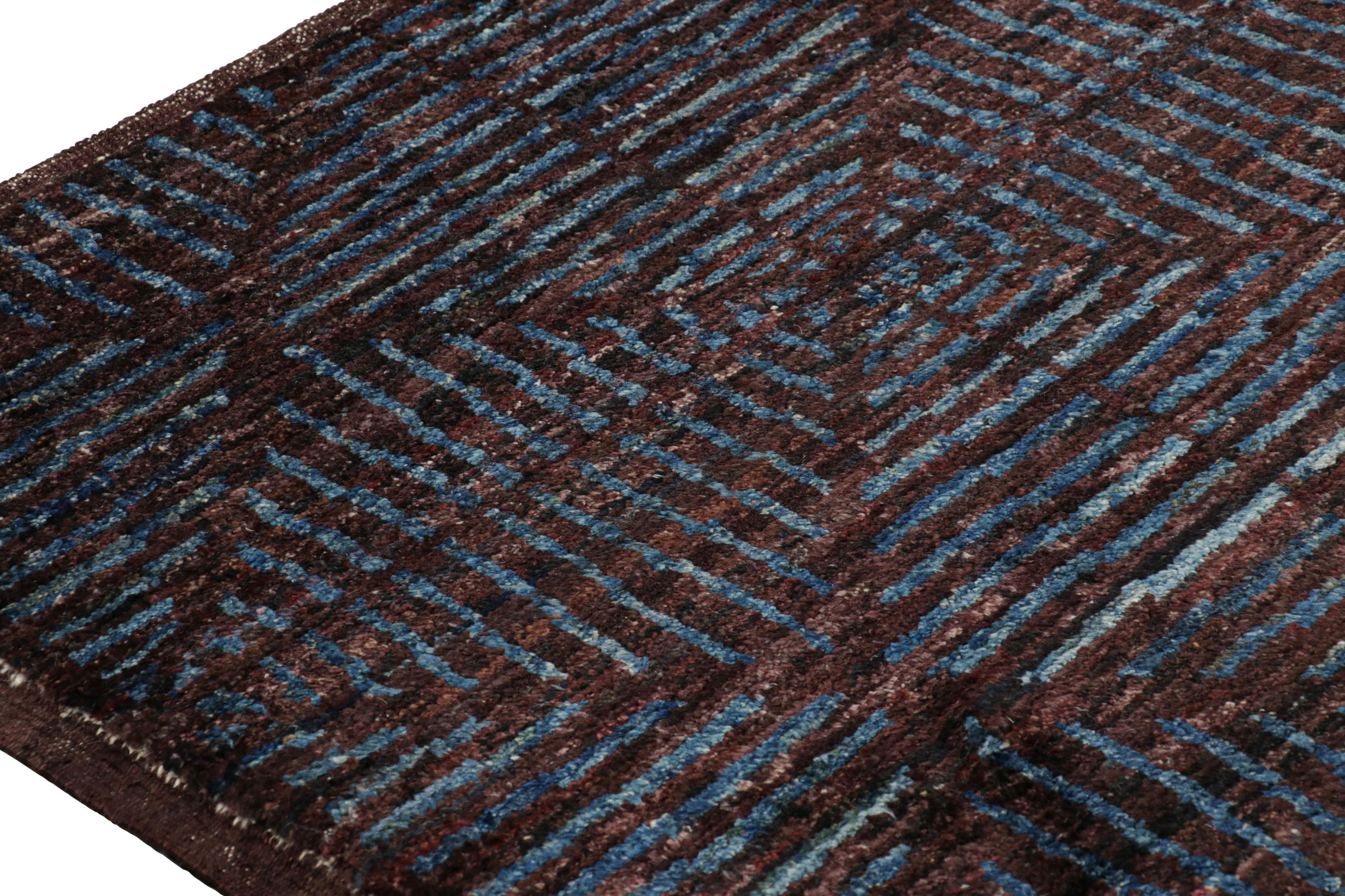 Pakistani Rug & Kilim’s Moroccan Style Rug in Burgundy with Blue Geometric Patterns For Sale